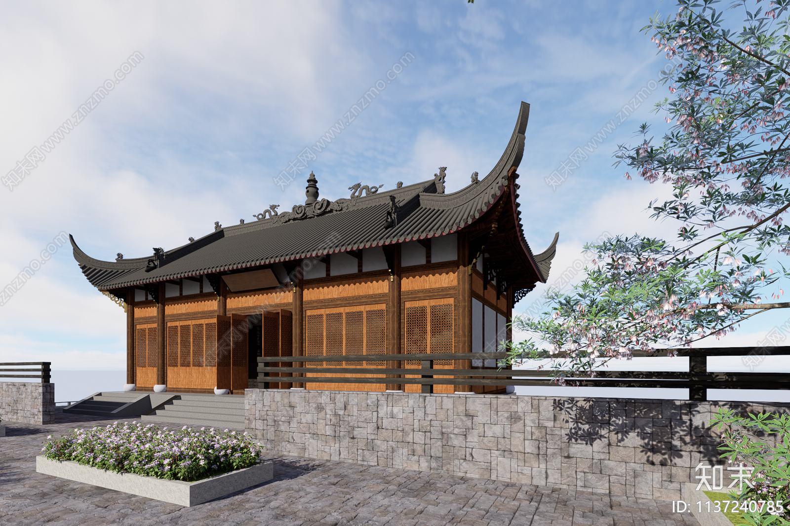 中式寺庙建筑SU模型下载【ID:1137240785】