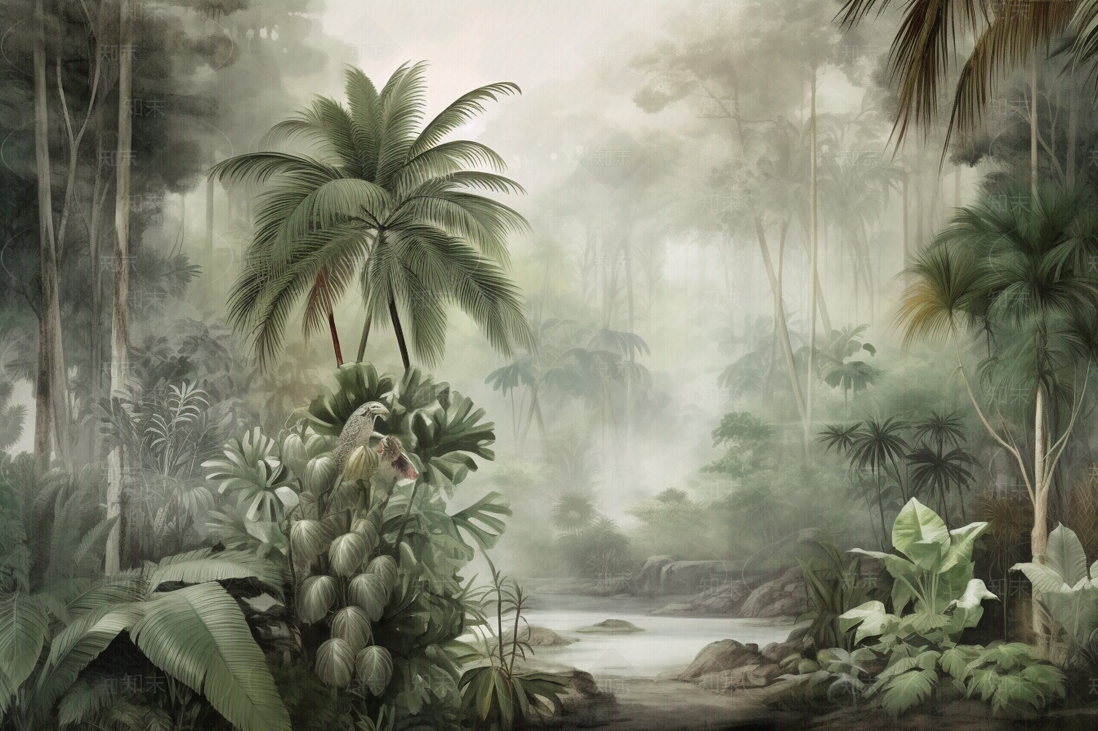 风景雨林花鸟植物壁画贴图下载【ID:1137244953】