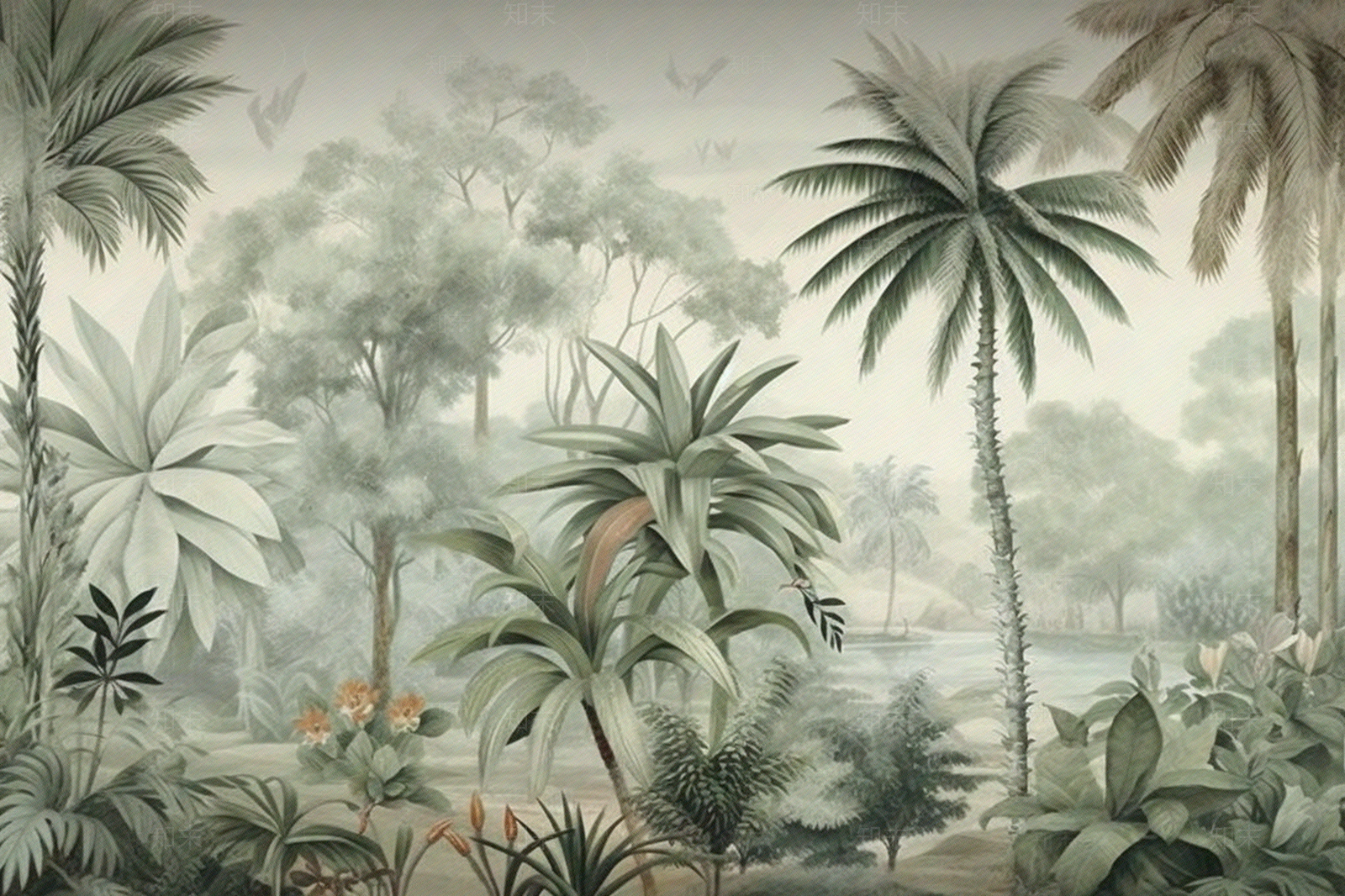风景雨林花鸟植物壁画贴图下载【ID:1137245018】