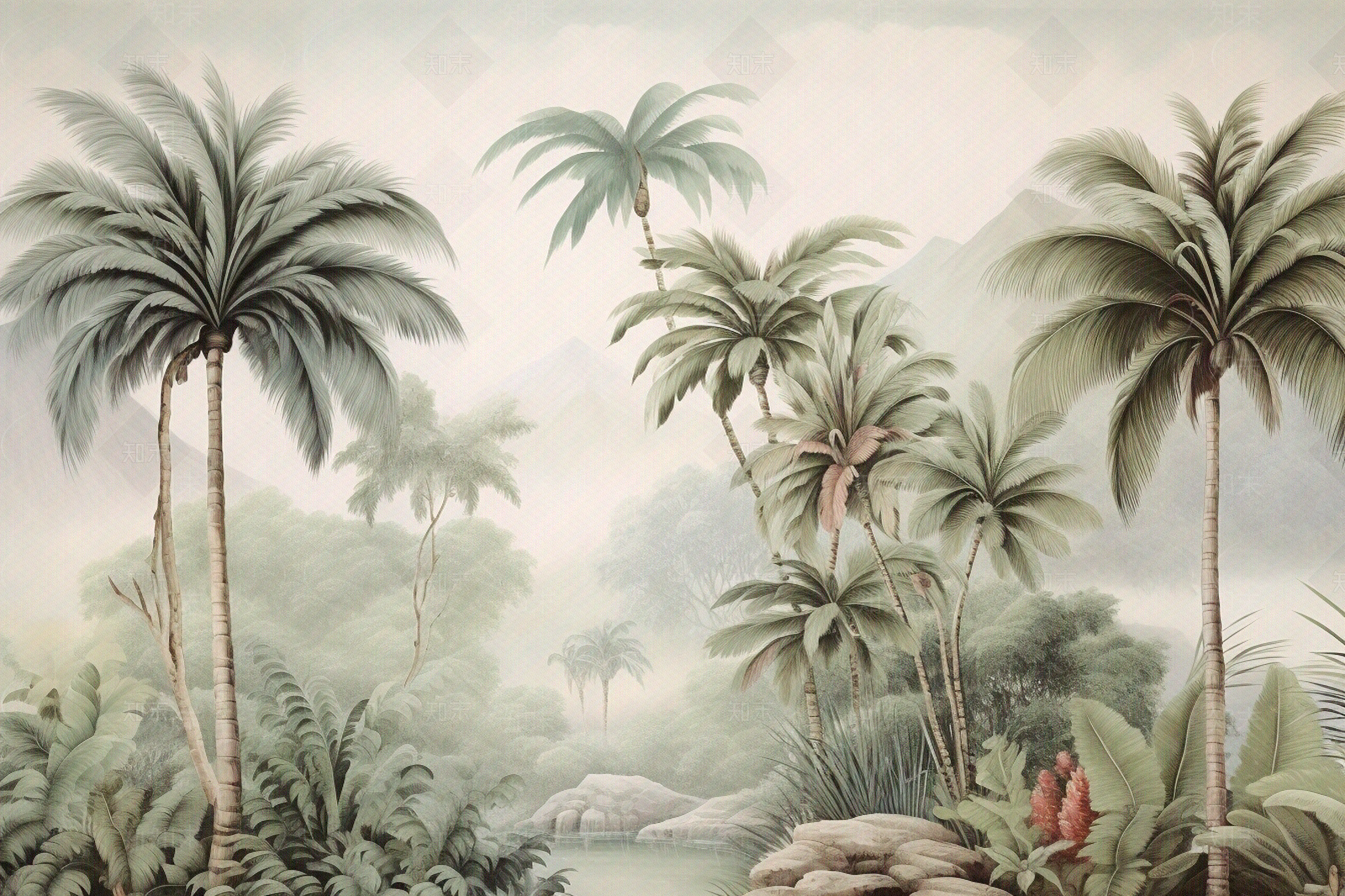 风景雨林花鸟植物壁画贴图下载【ID:1137245247】