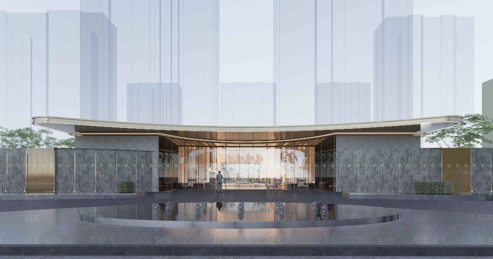 现代弧形售楼处建筑SU模型下载【ID:1137249058】