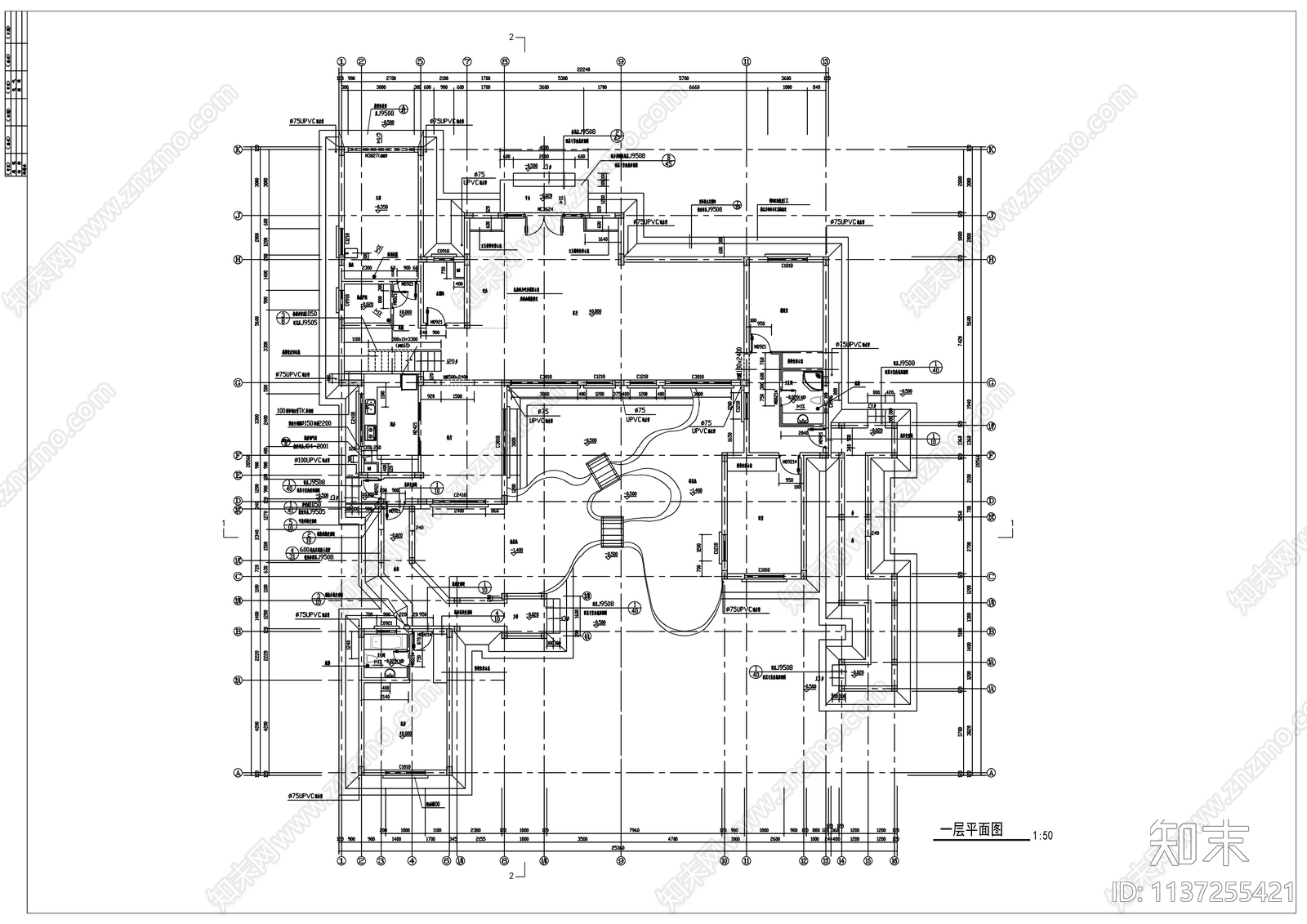 中式古典别墅建筑cad施工图下载【ID:1137255421】