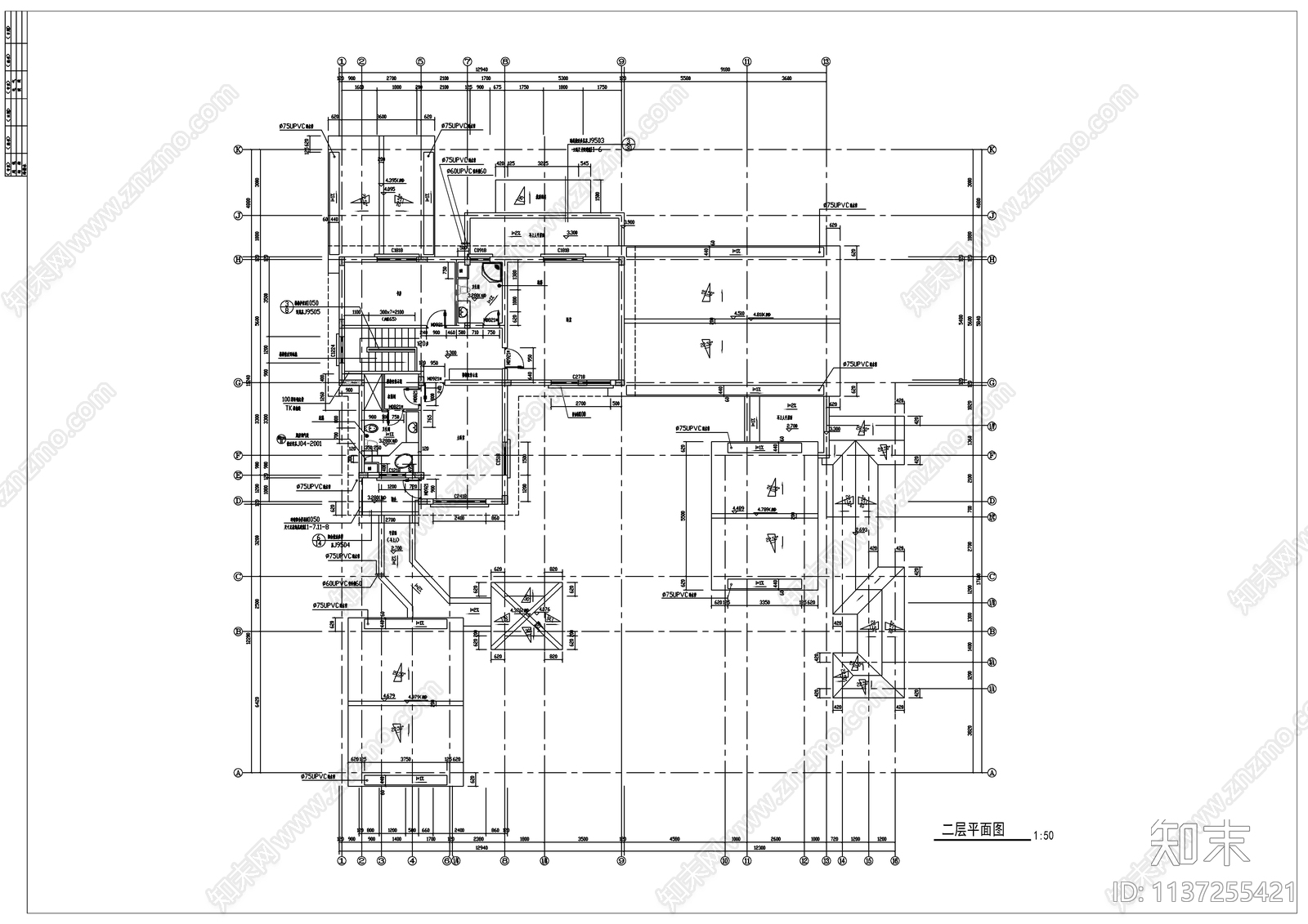 中式古典别墅建筑cad施工图下载【ID:1137255421】