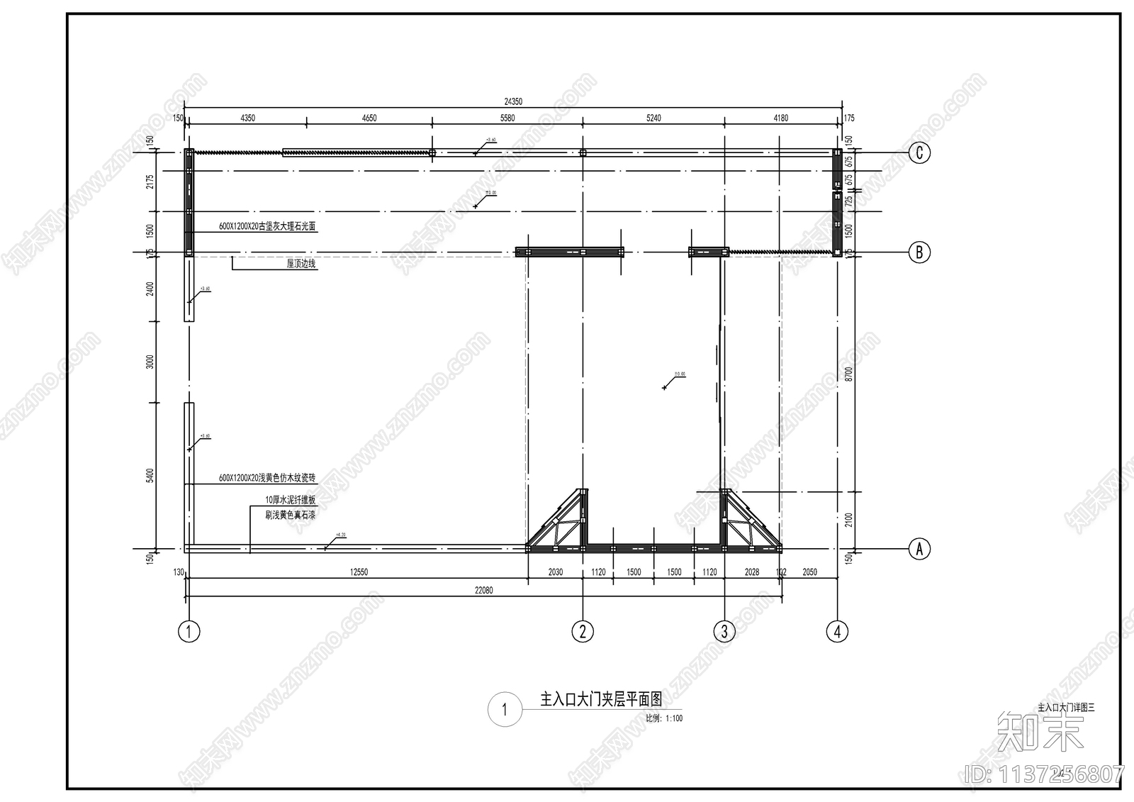 新亚洲风小区入口景观大门cad施工图下载【ID:1137256807】