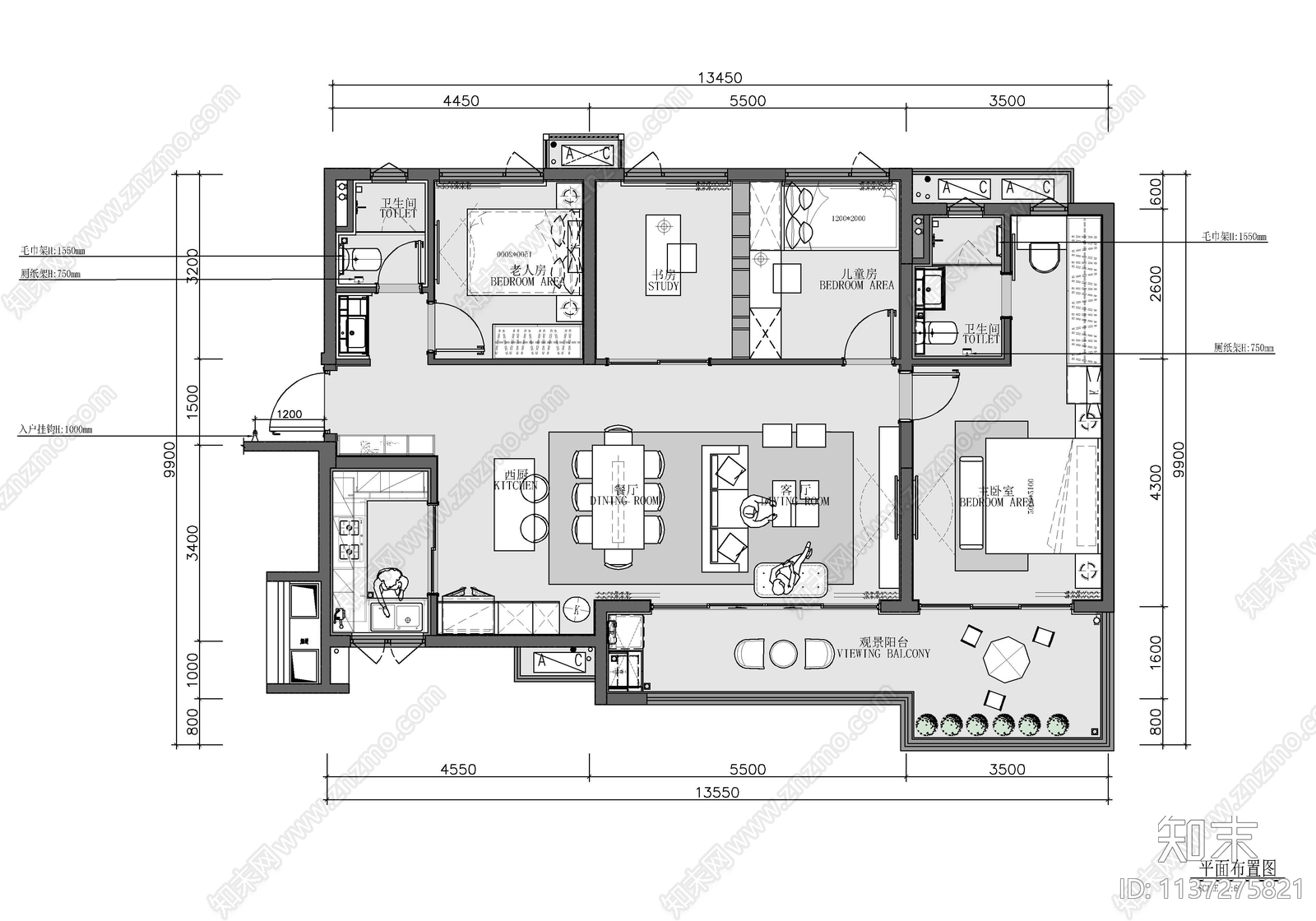 120㎡四居室家装室内施工图下载【ID:1137275821】