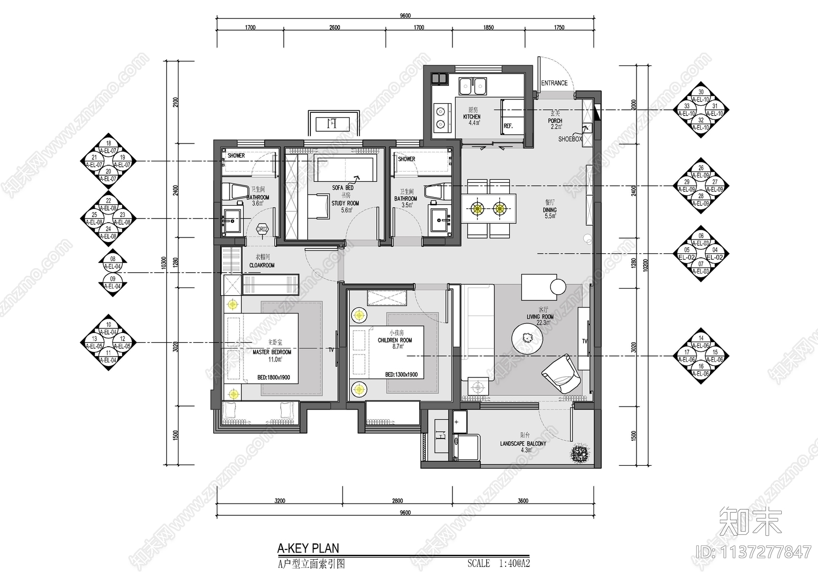 82㎡三居室家装室内施工图下载【ID:1137277847】