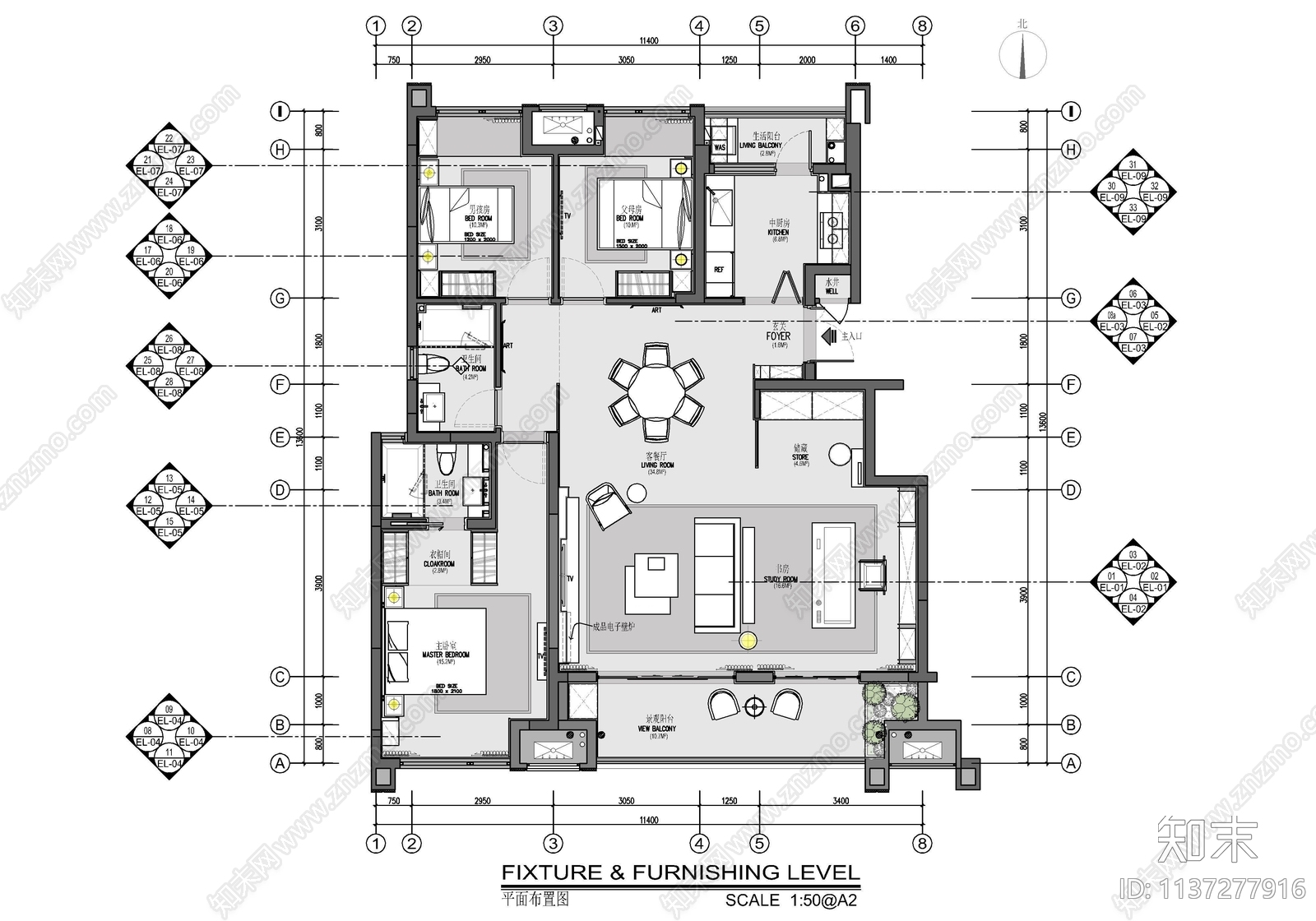 150㎡家装大平层室内cad施工图下载【ID:1137277916】