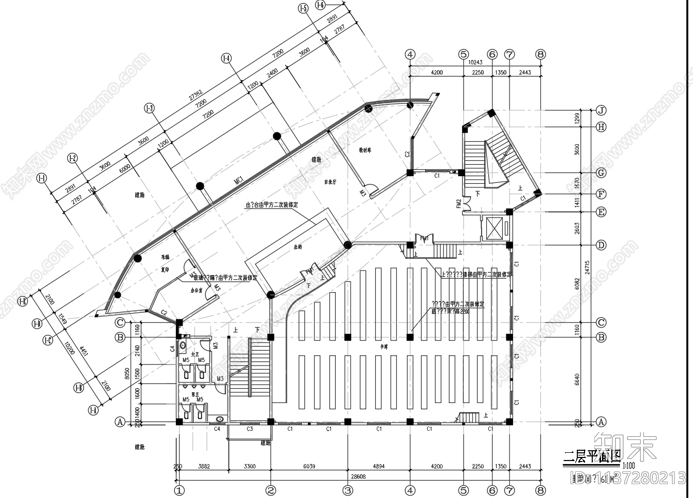 五层2871平米市图书馆建筑cad施工图下载【ID:1137280213】