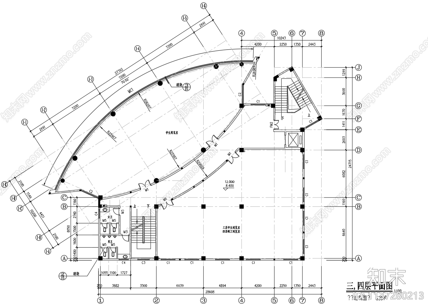 五层2871平米市图书馆建筑cad施工图下载【ID:1137280213】