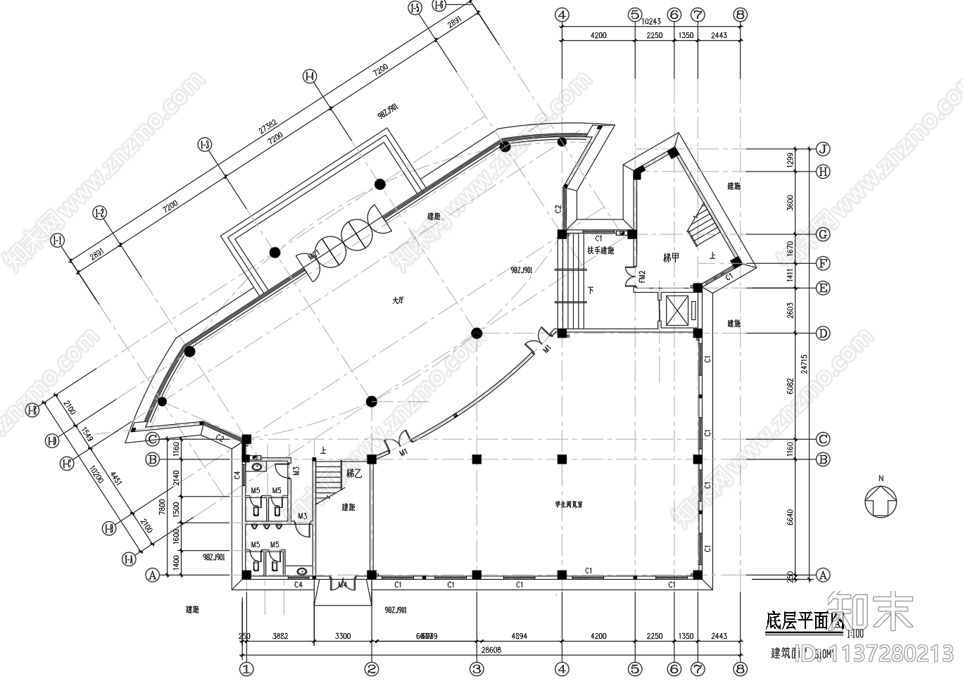 五层2871平米市图书馆建筑cad施工图下载【ID:1137280213】