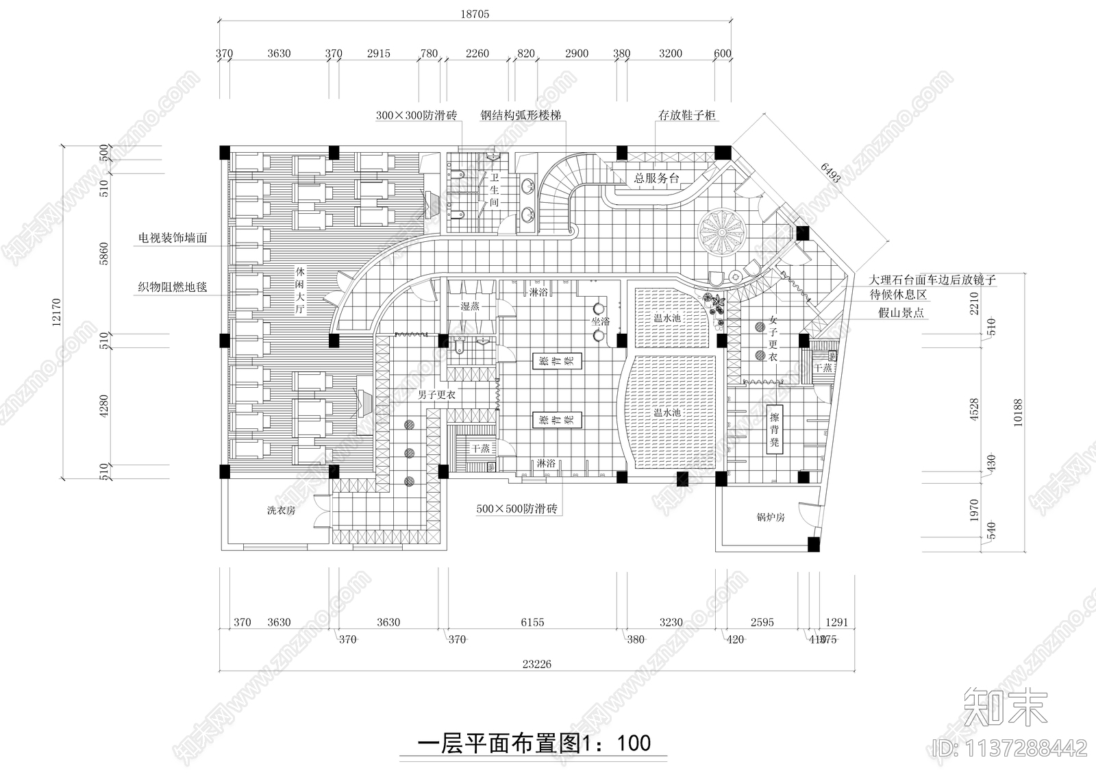 某休闲洗浴中心全套装修cad施工图下载【ID:1137288442】