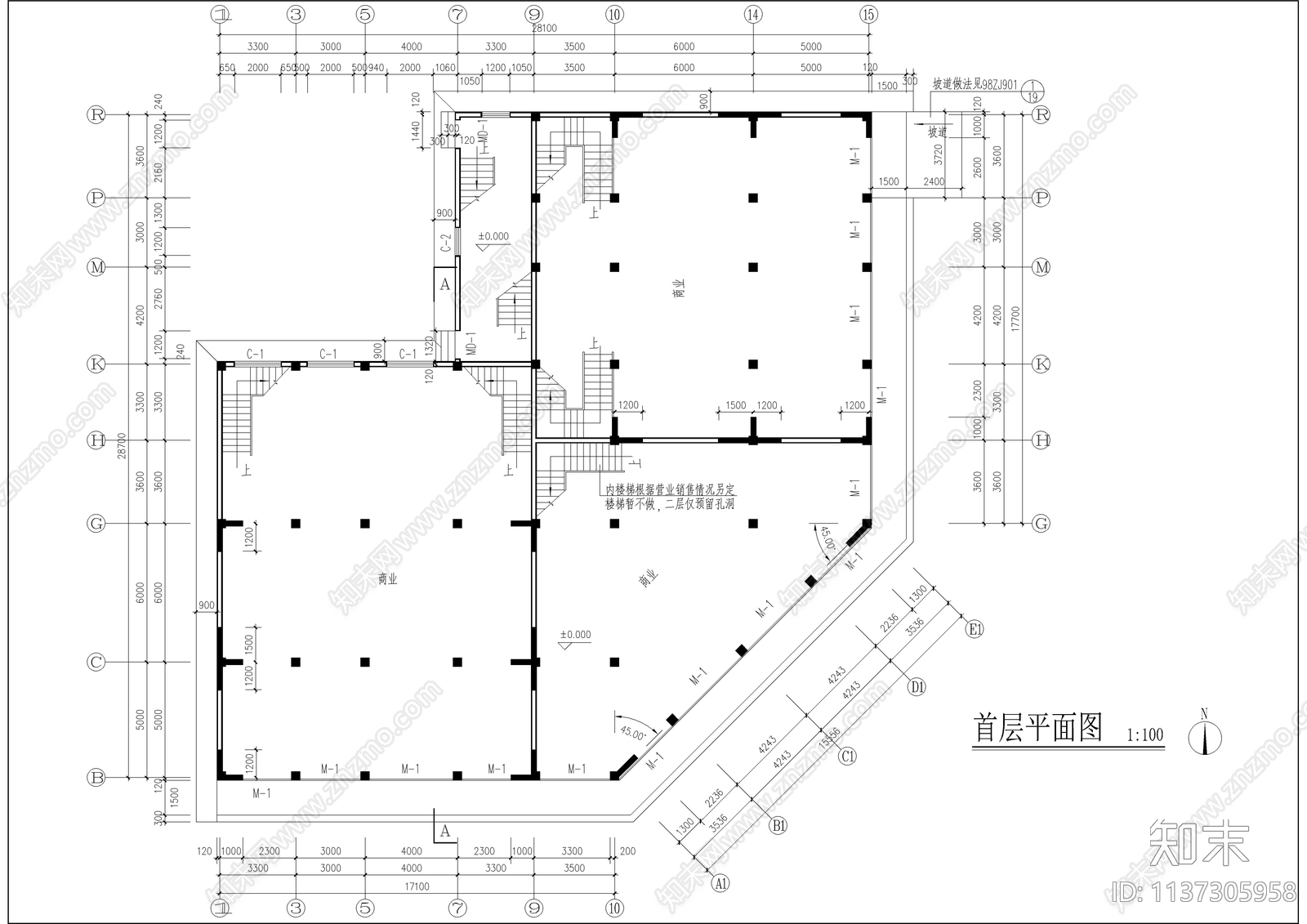 转角商住楼全套建筑cad施工图下载【ID:1137305958】