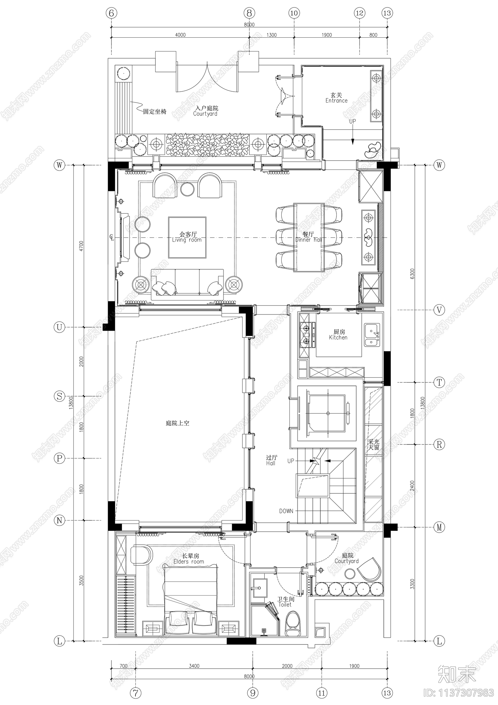 中式三层合院别墅cad施工图下载【ID:1137307983】