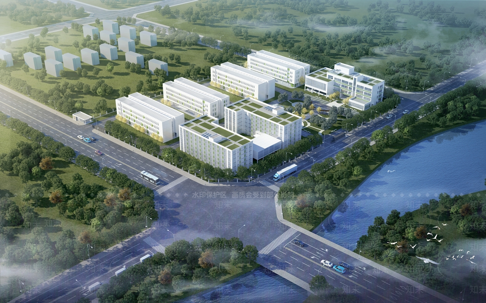 现代工业厂房鸟瞰3D模型下载【ID:1137314791】