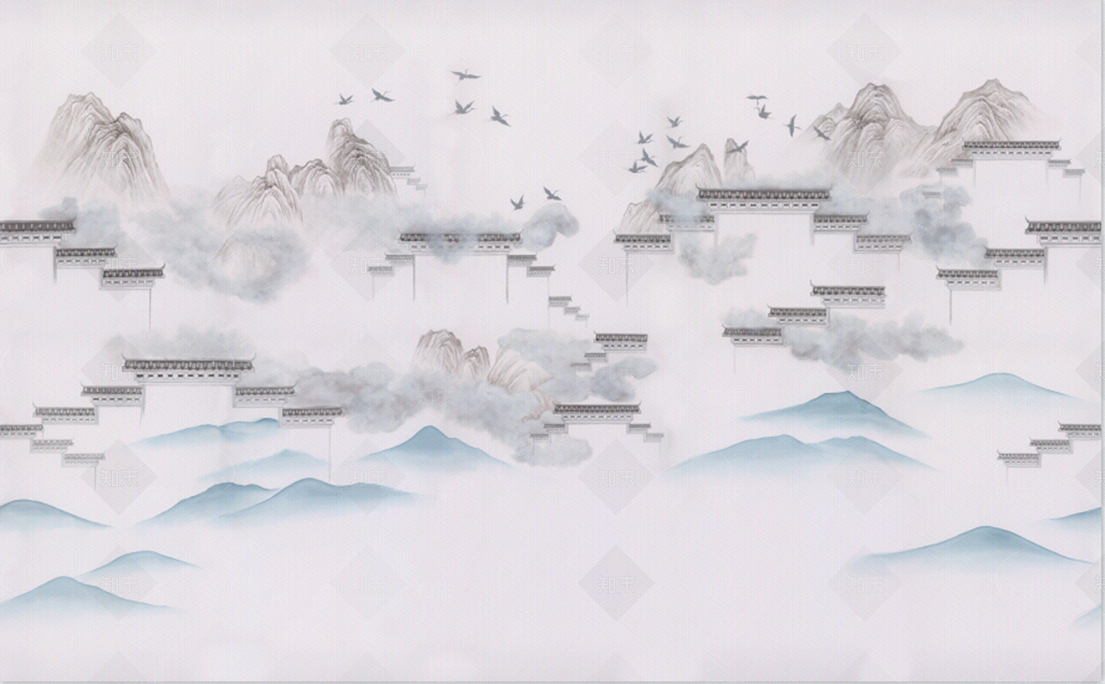 新中式马头墙壁纸贴图下载【ID:1137323912】