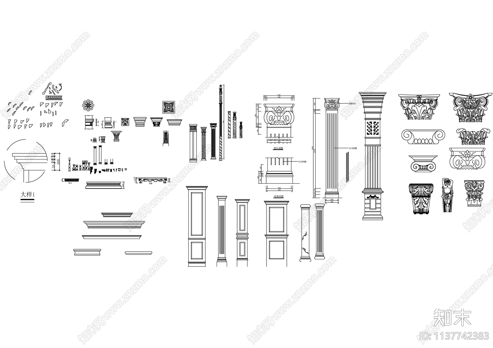 各类欧式家具罗马柱门窗立面施工图下载【ID:1137742383】