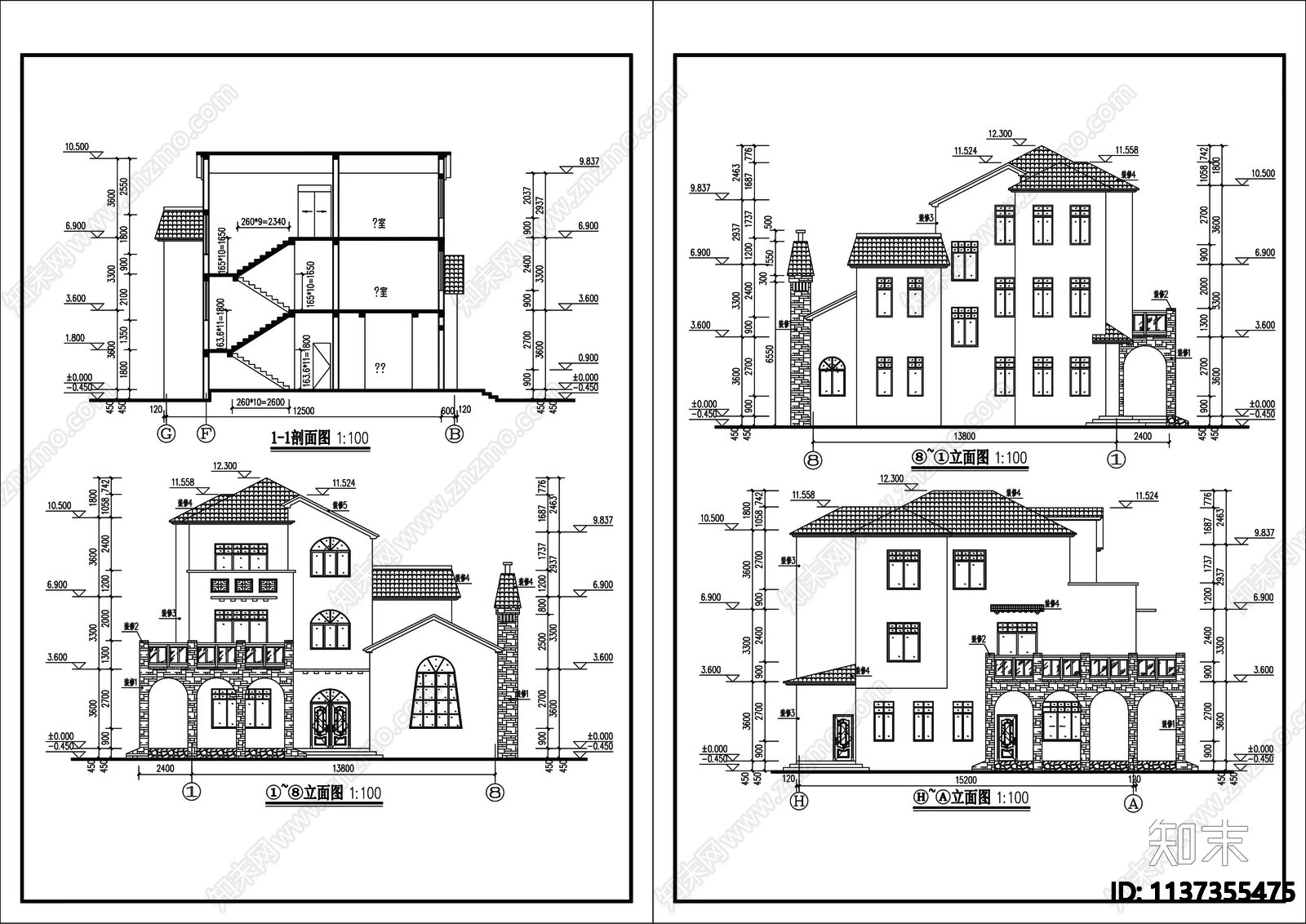 别墅建筑cad施工图下载【ID:1137355475】