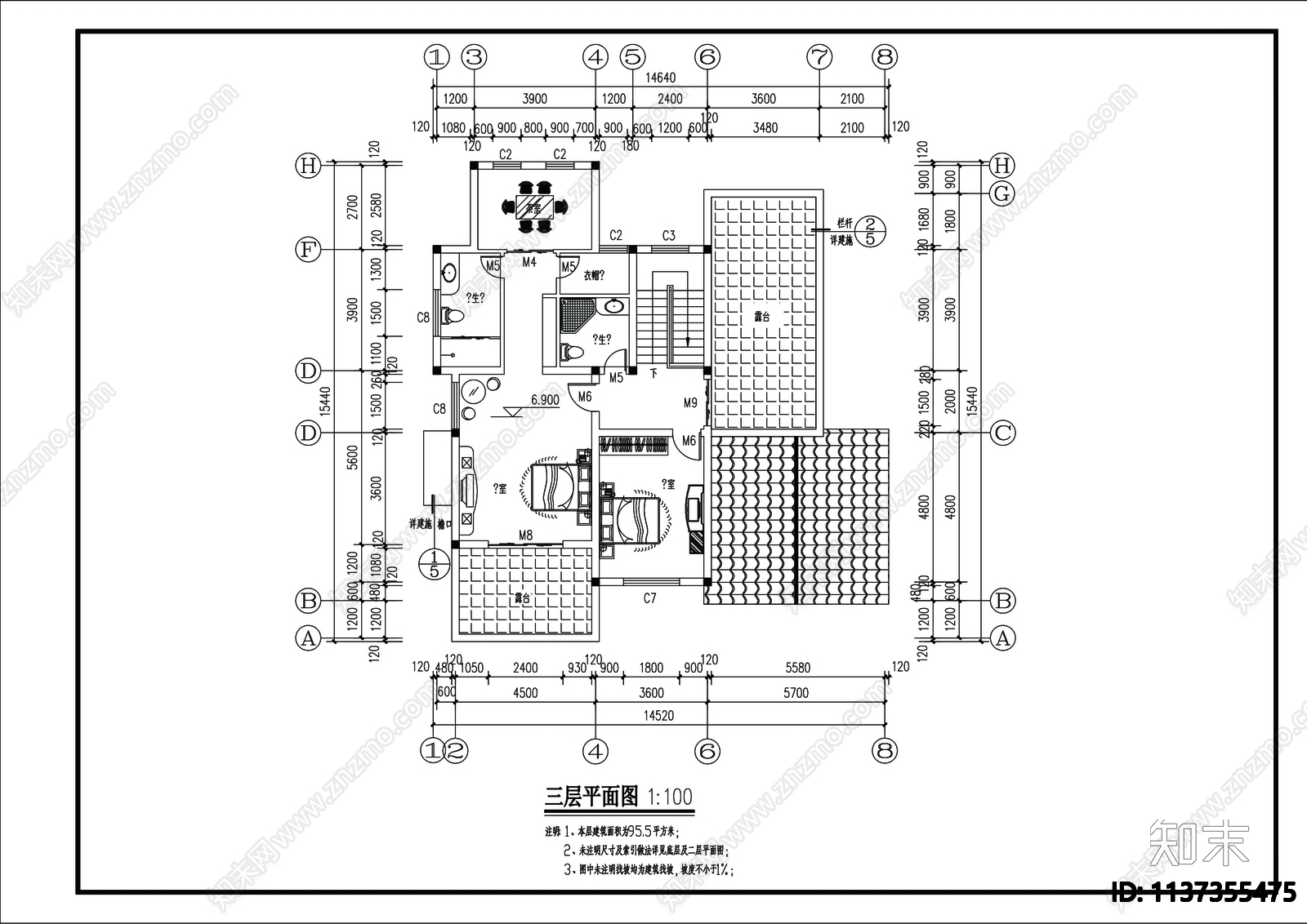 别墅建筑cad施工图下载【ID:1137355475】