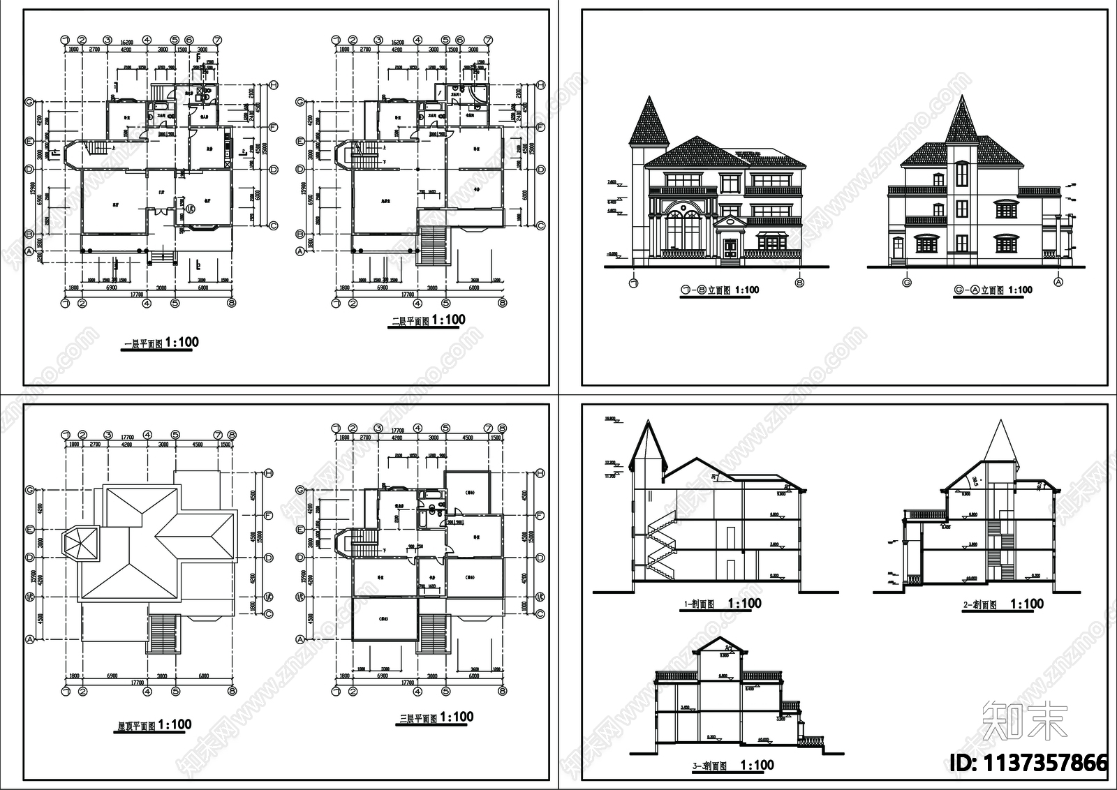 别墅建筑cad施工图下载【ID:1137357866】