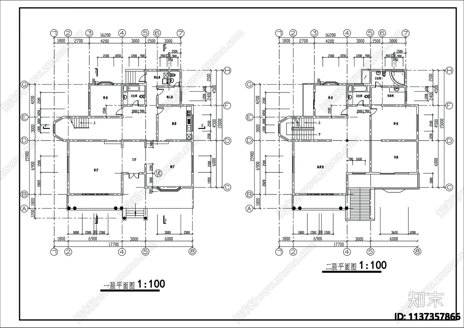 别墅建筑cad施工图下载【ID:1137357866】