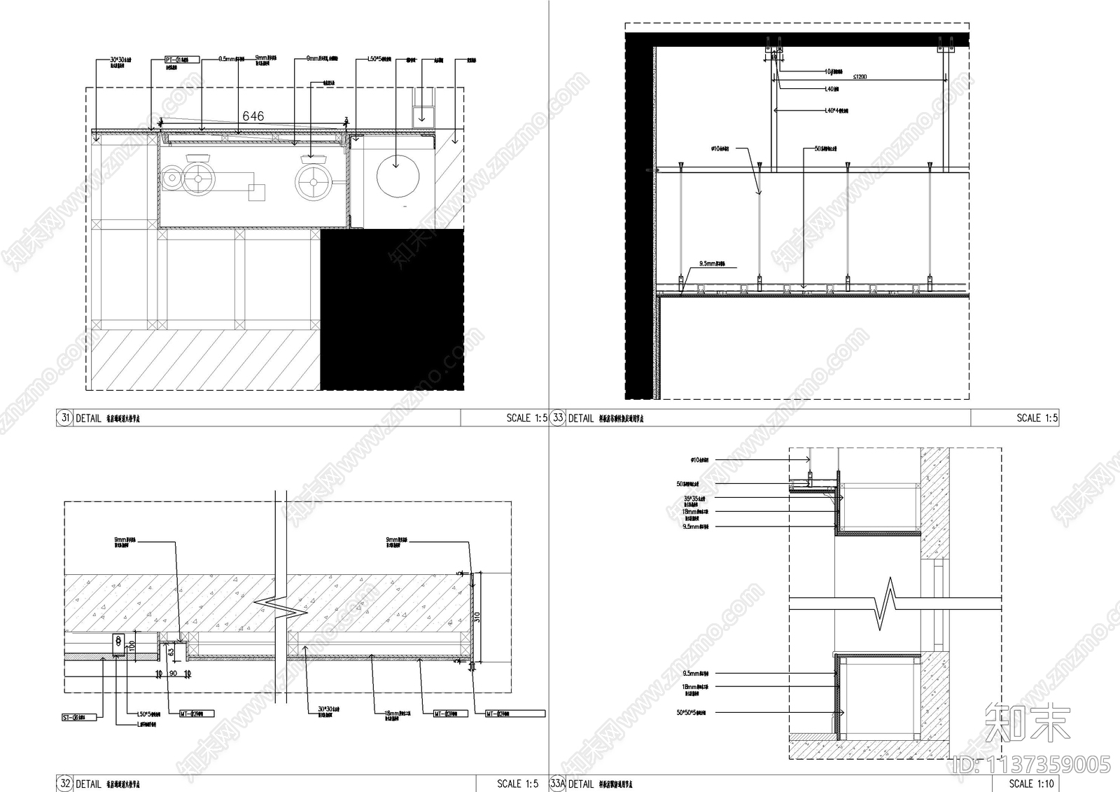 天花地坪及墙面剖面大样cad施工图下载【ID:1137359005】