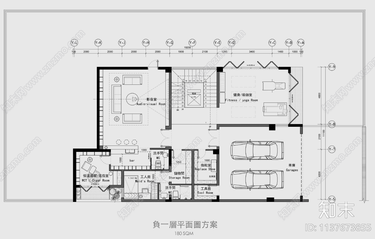 双拼别墅平面图cad施工图下载【ID:1137673855】