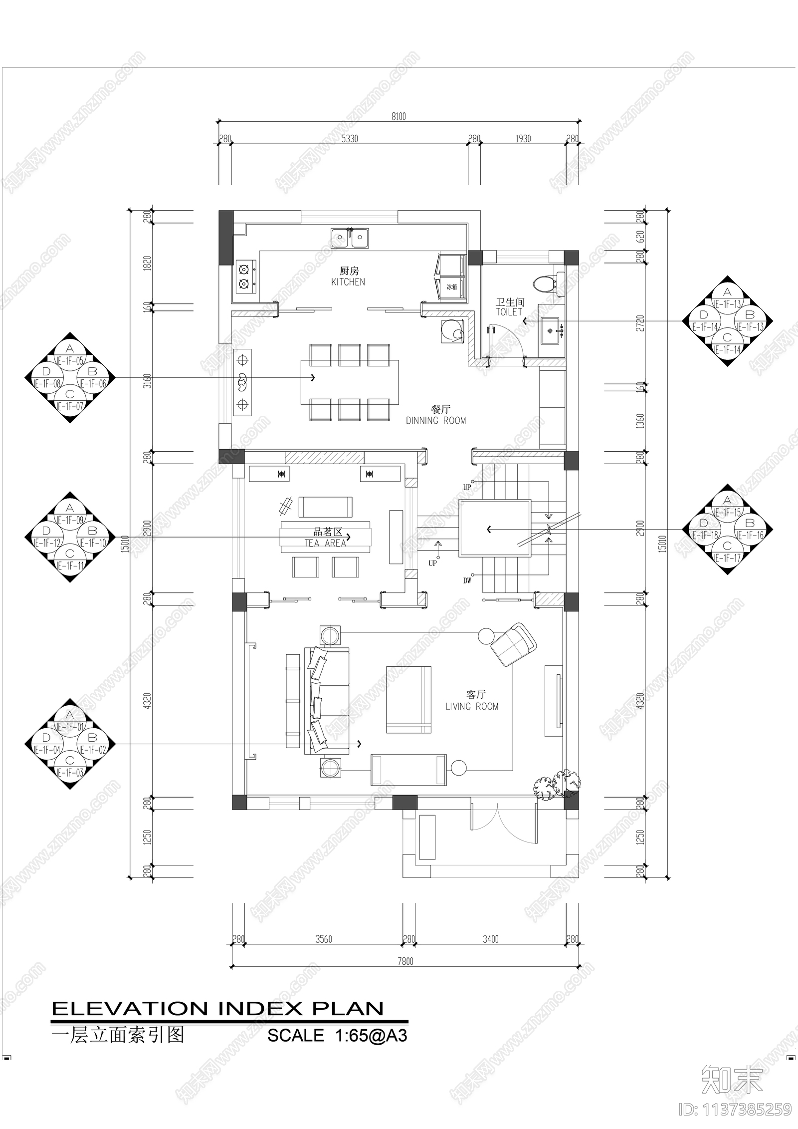 中式三层别墅样板间全套cad施工图下载【ID:1137385259】