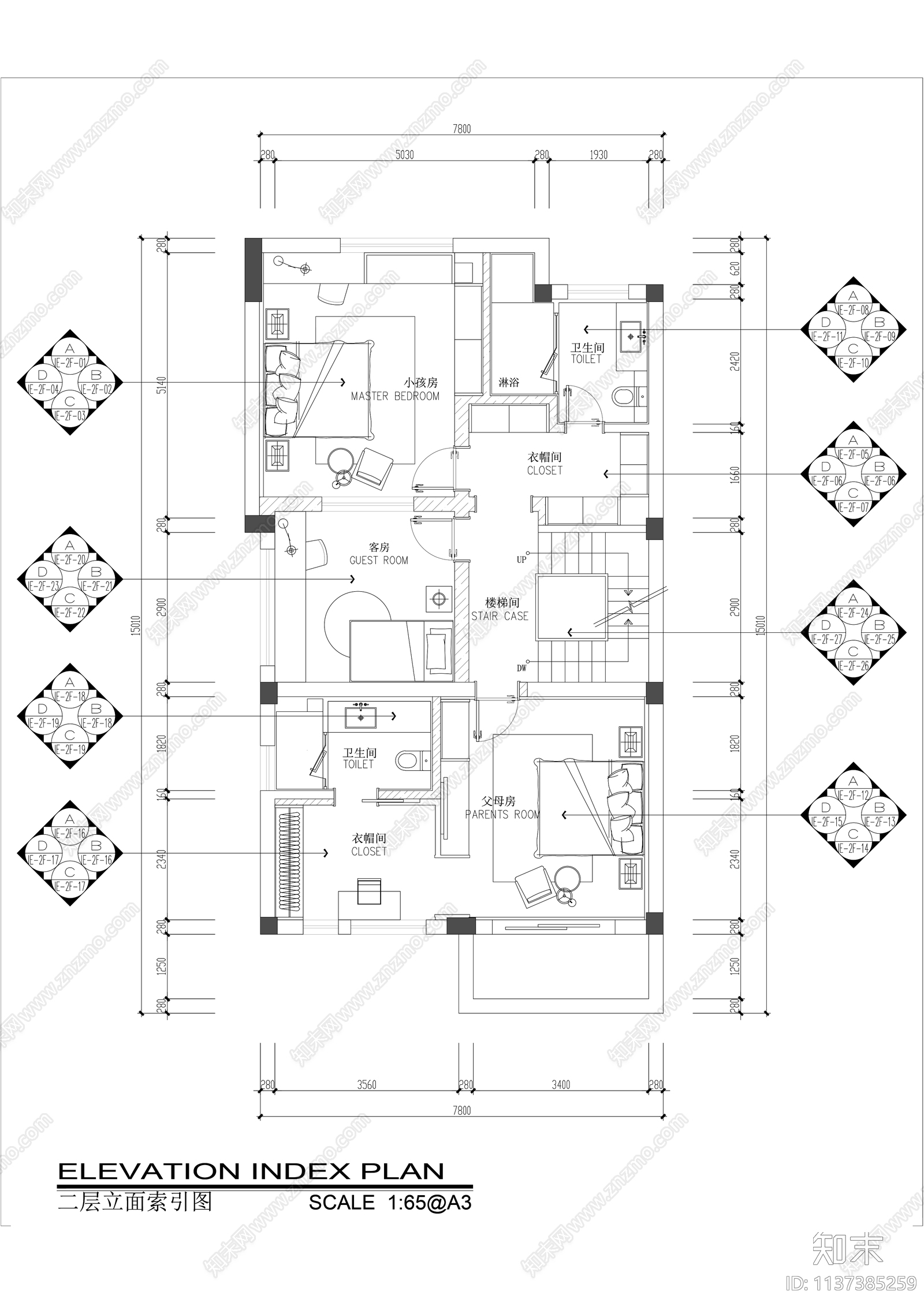 中式三层别墅样板间全套cad施工图下载【ID:1137385259】