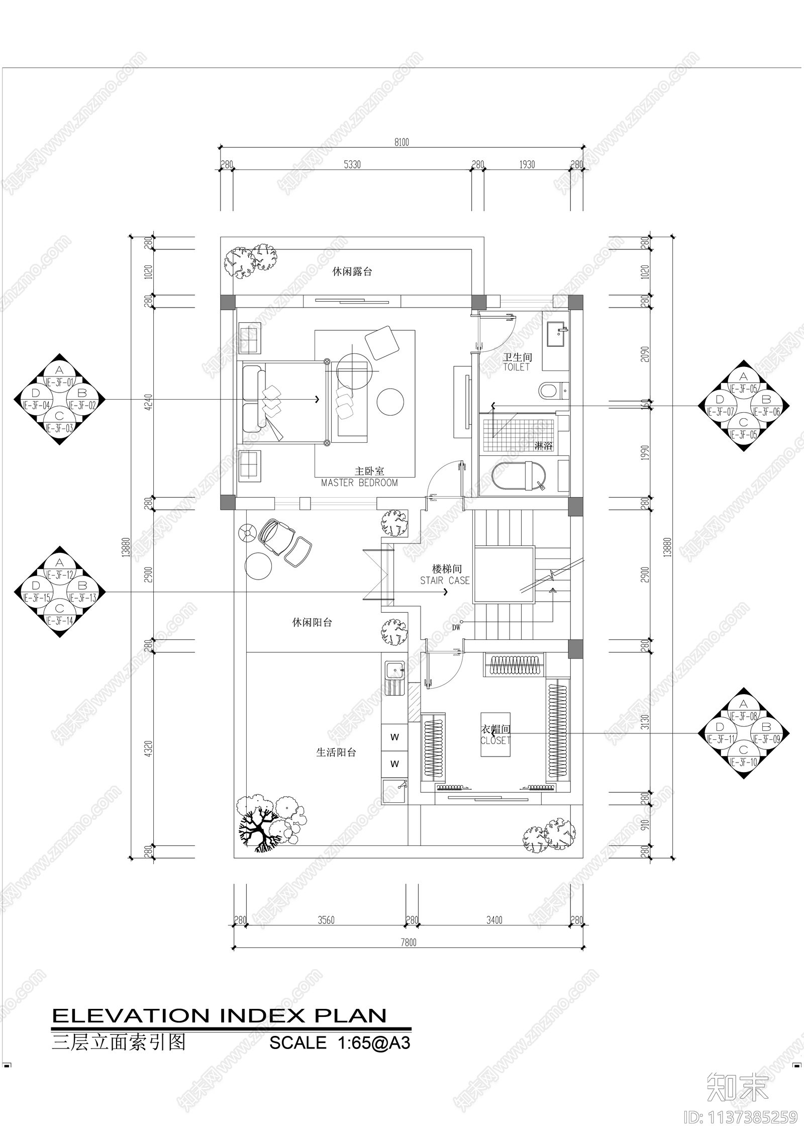 中式三层别墅样板间全套cad施工图下载【ID:1137385259】