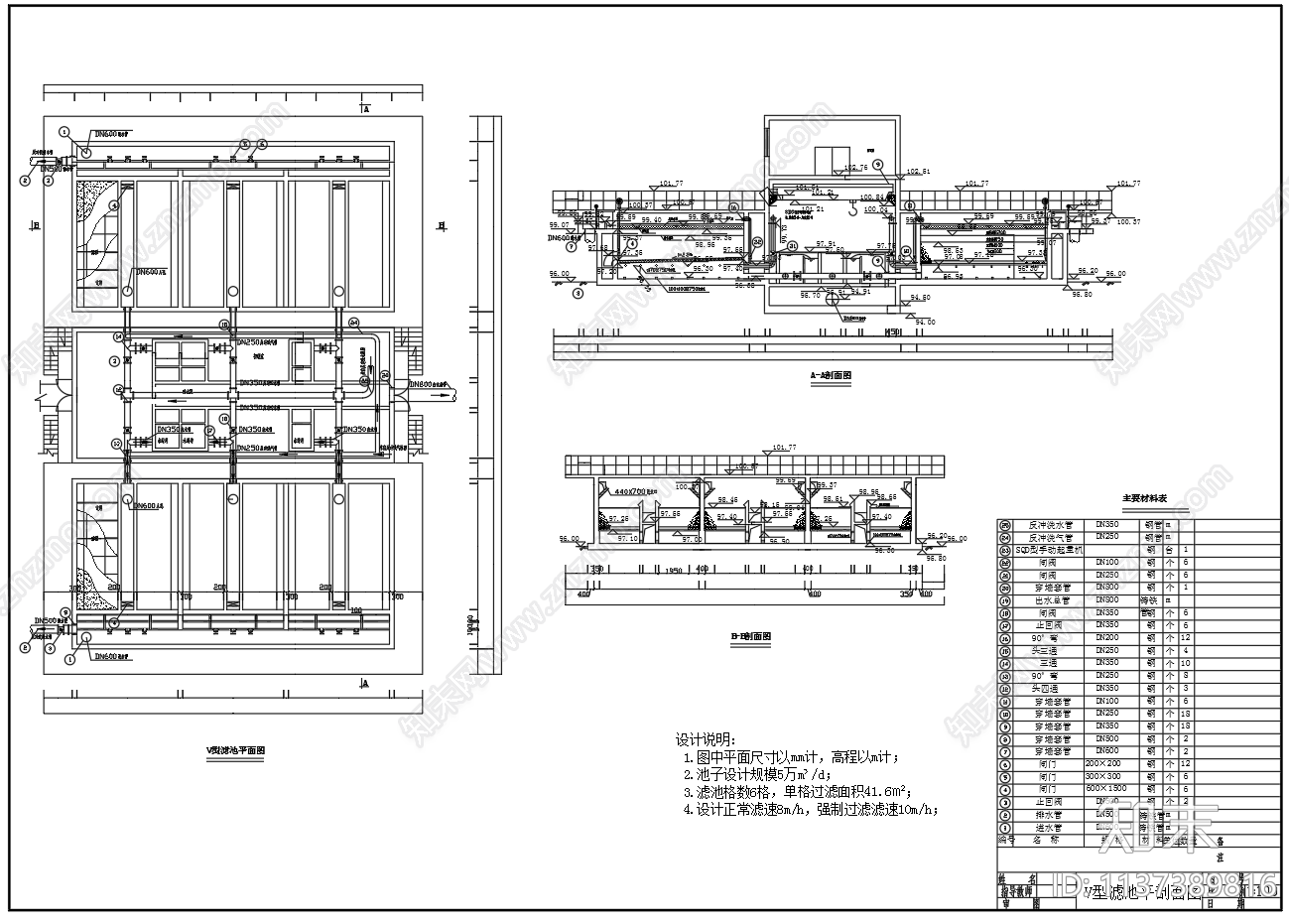 V型滤池单体构筑物平面剖面施工图下载【ID:1137389816】