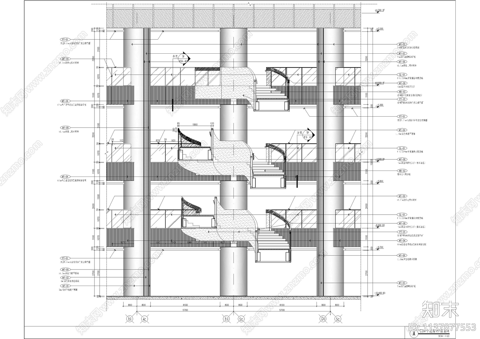 商场中庭旋转楼梯立面图施工图下载【ID:1137877553】