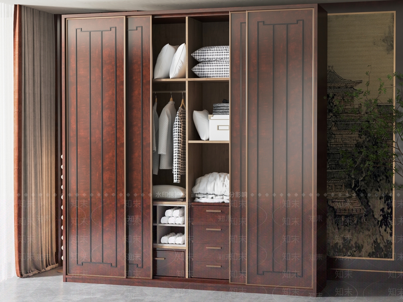 新中式推拉门衣柜SU模型下载【ID:1137412334】