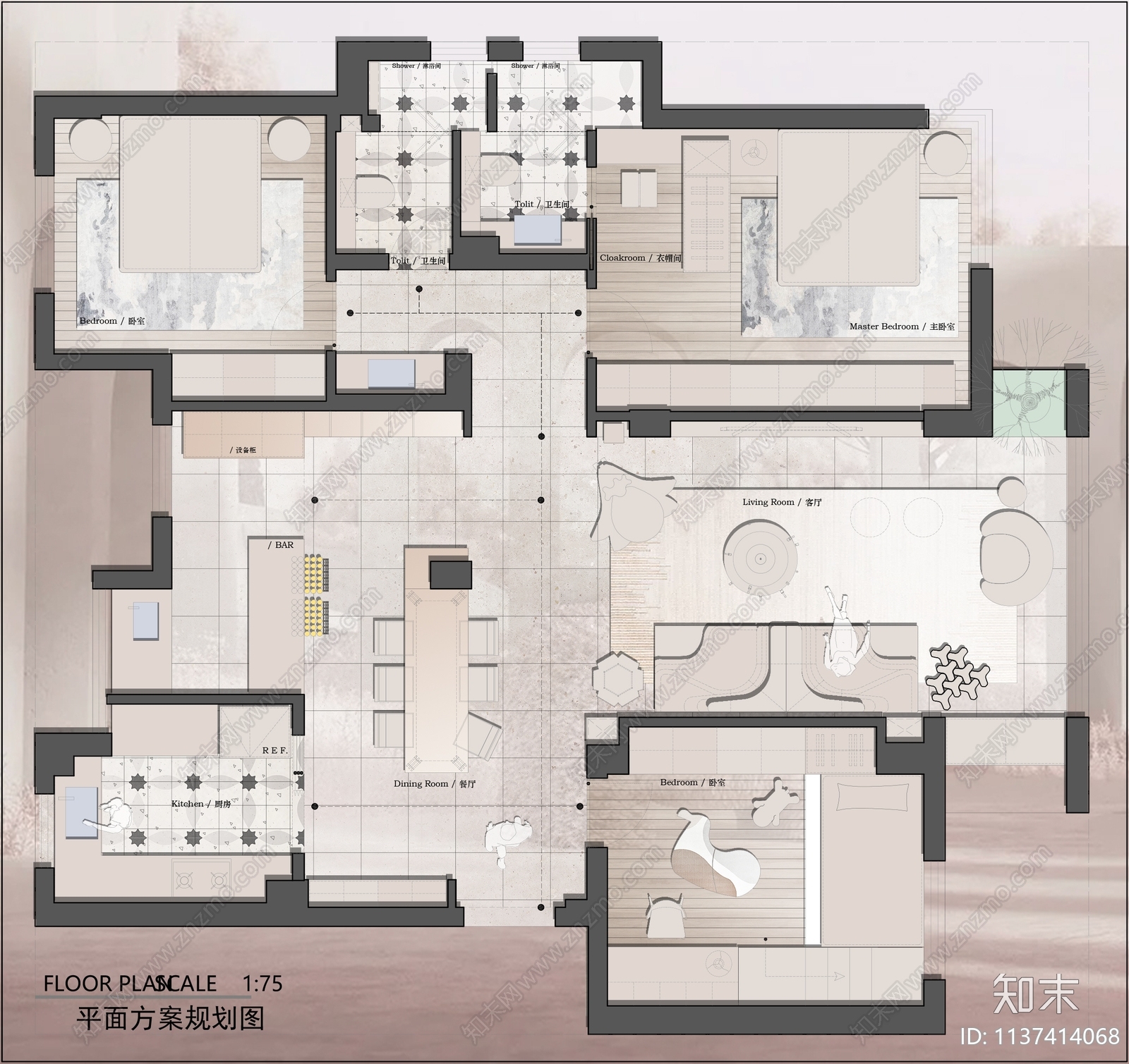 平层家装平面图cad施工图下载【ID:1137414068】