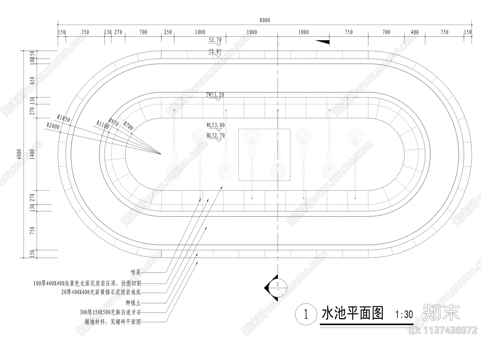 某温泉度假村喷泉水池详图施工图下载【ID:1137438972】