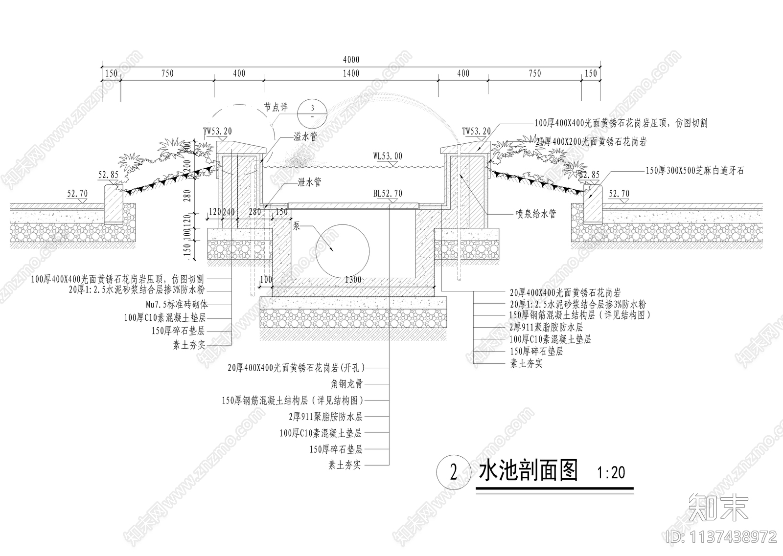 某温泉度假村喷泉水池详图施工图下载【ID:1137438972】