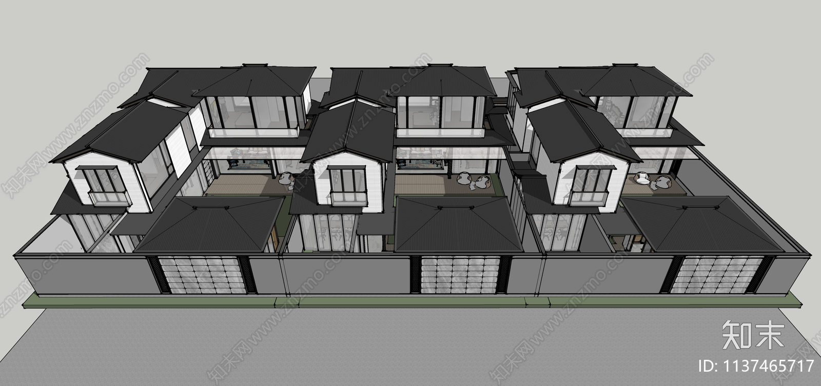 新中式联排别墅SU模型下载【ID:1137465717】