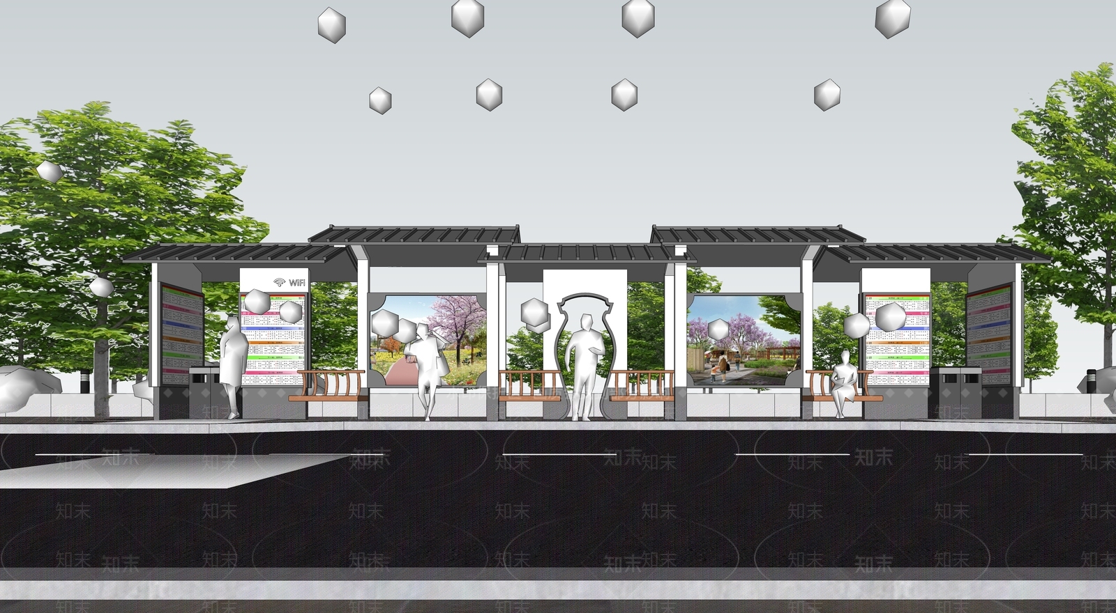 新中式公交站台SU模型下载【ID:1137470605】