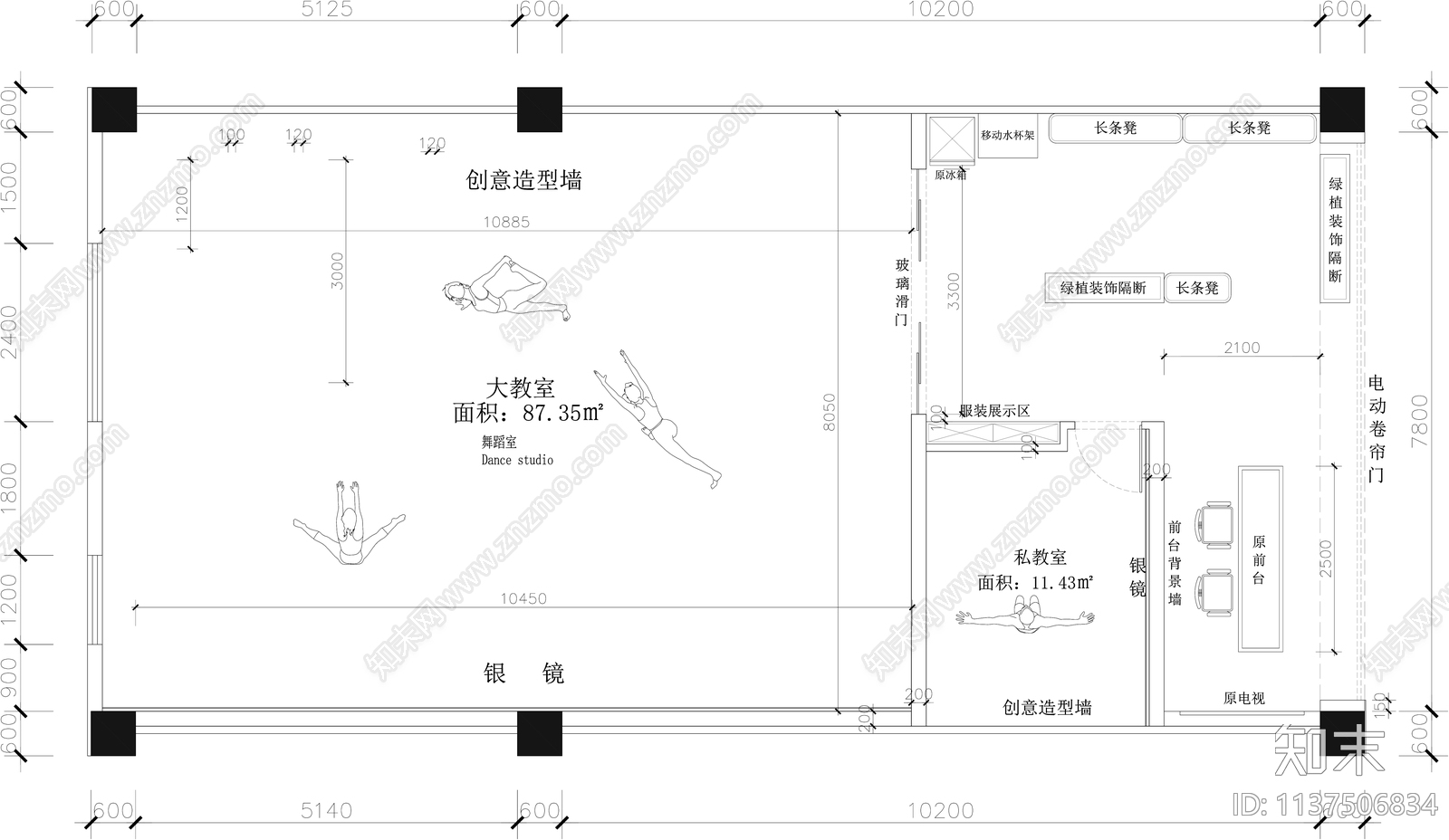 舞蹈室平面图施工图下载【ID:1137506834】