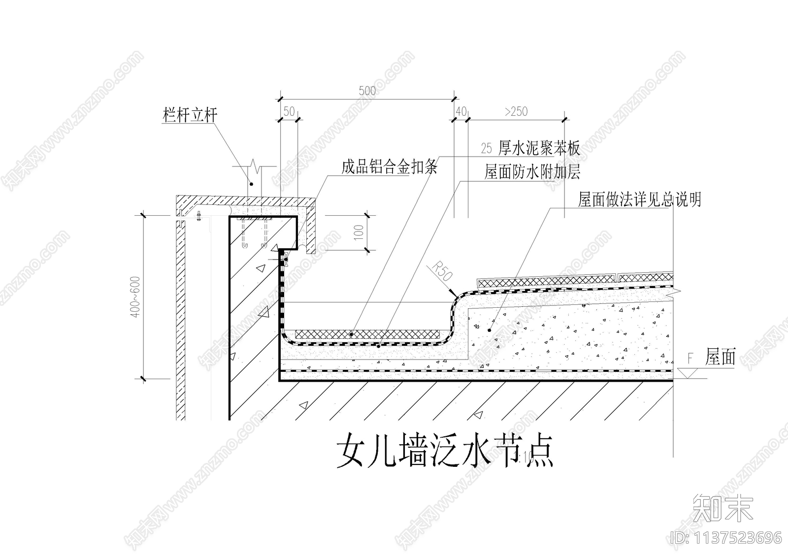 42类现浇屋面防水女儿墙大样cad施工图下载【ID:1137523696】