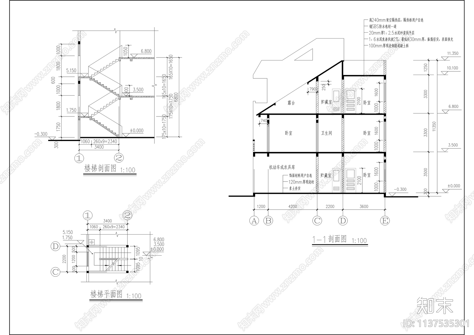 三层新农村别墅全套建筑cad施工图下载【ID:1137535301】