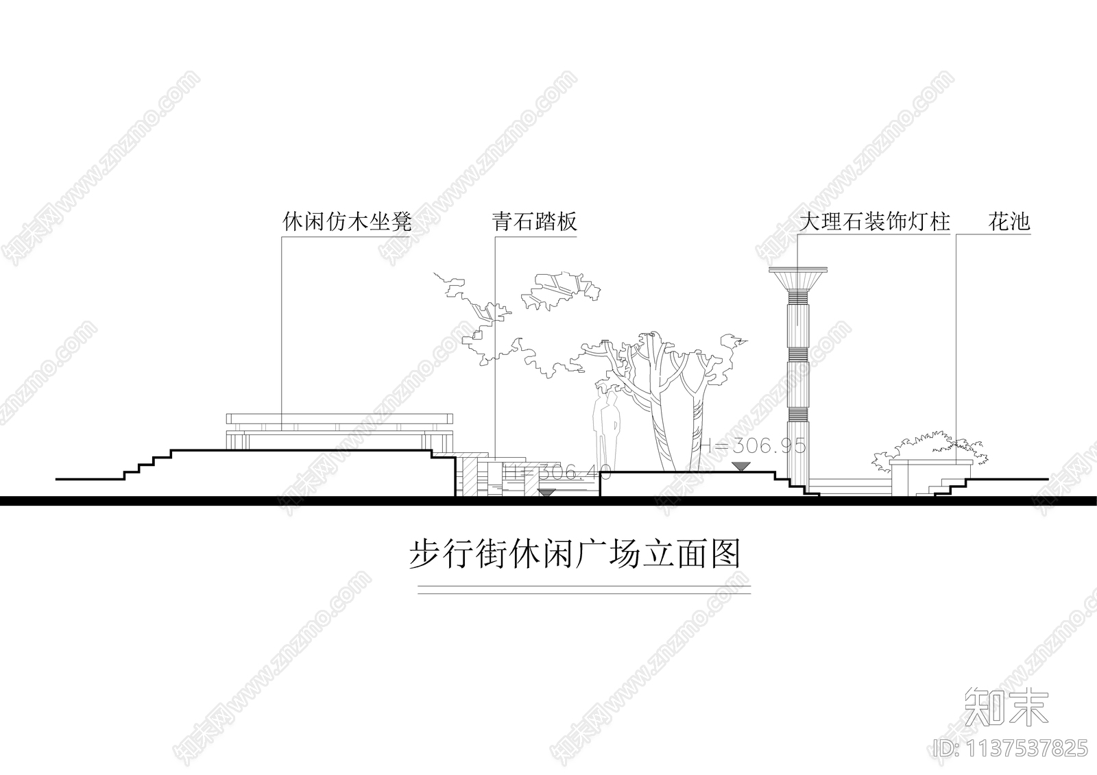 商业步行街景观设计平立面图cad施工图下载【ID:1137537825】