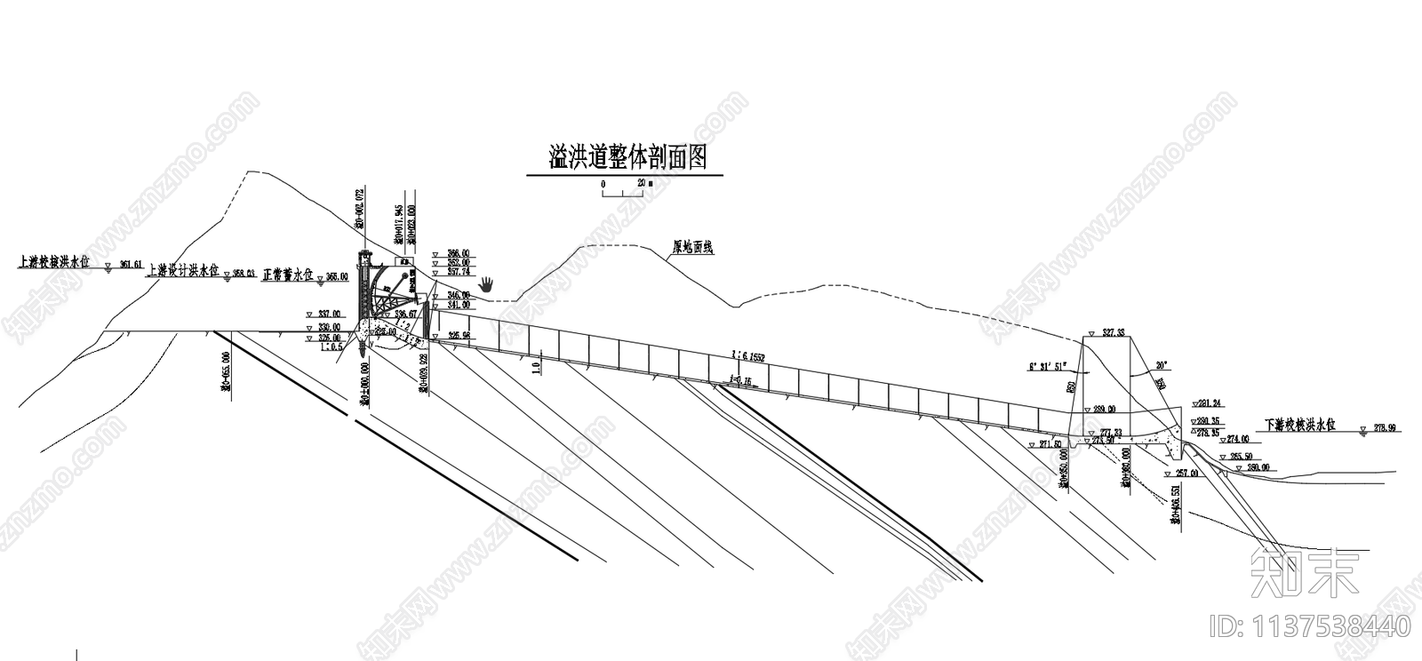溢洪道整体剖面cad施工图下载【ID:1137538440】