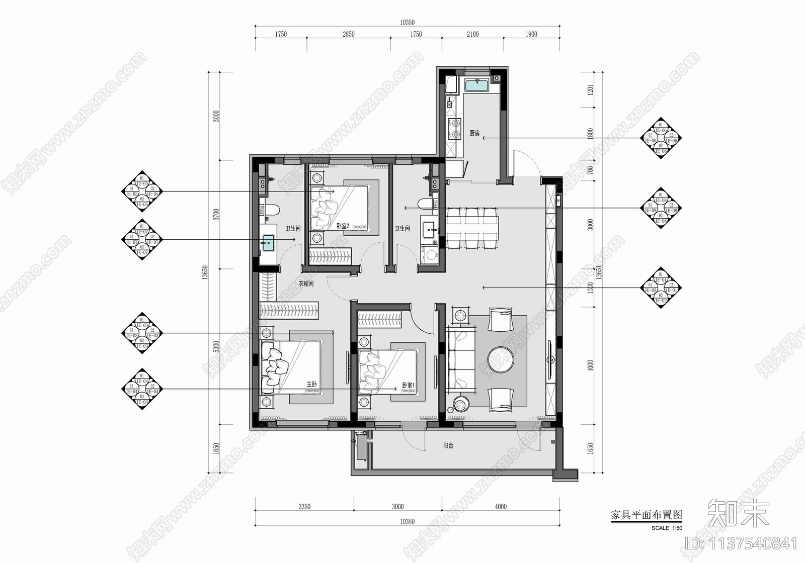 120㎡三居室家装施工图下载【ID:1137540841】