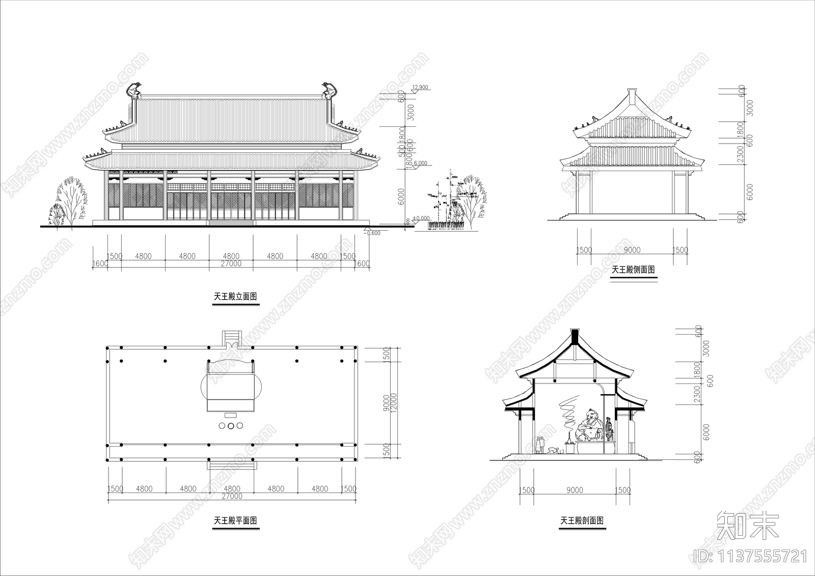 寺庙天王殿建筑详图cad施工图下载【ID:1137555721】