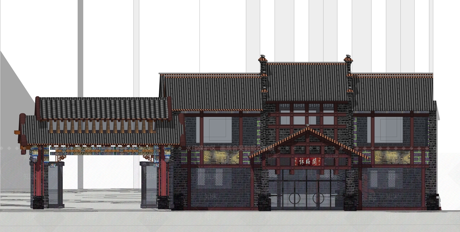 中式餐厅入口大门SU模型下载【ID:1137567998】