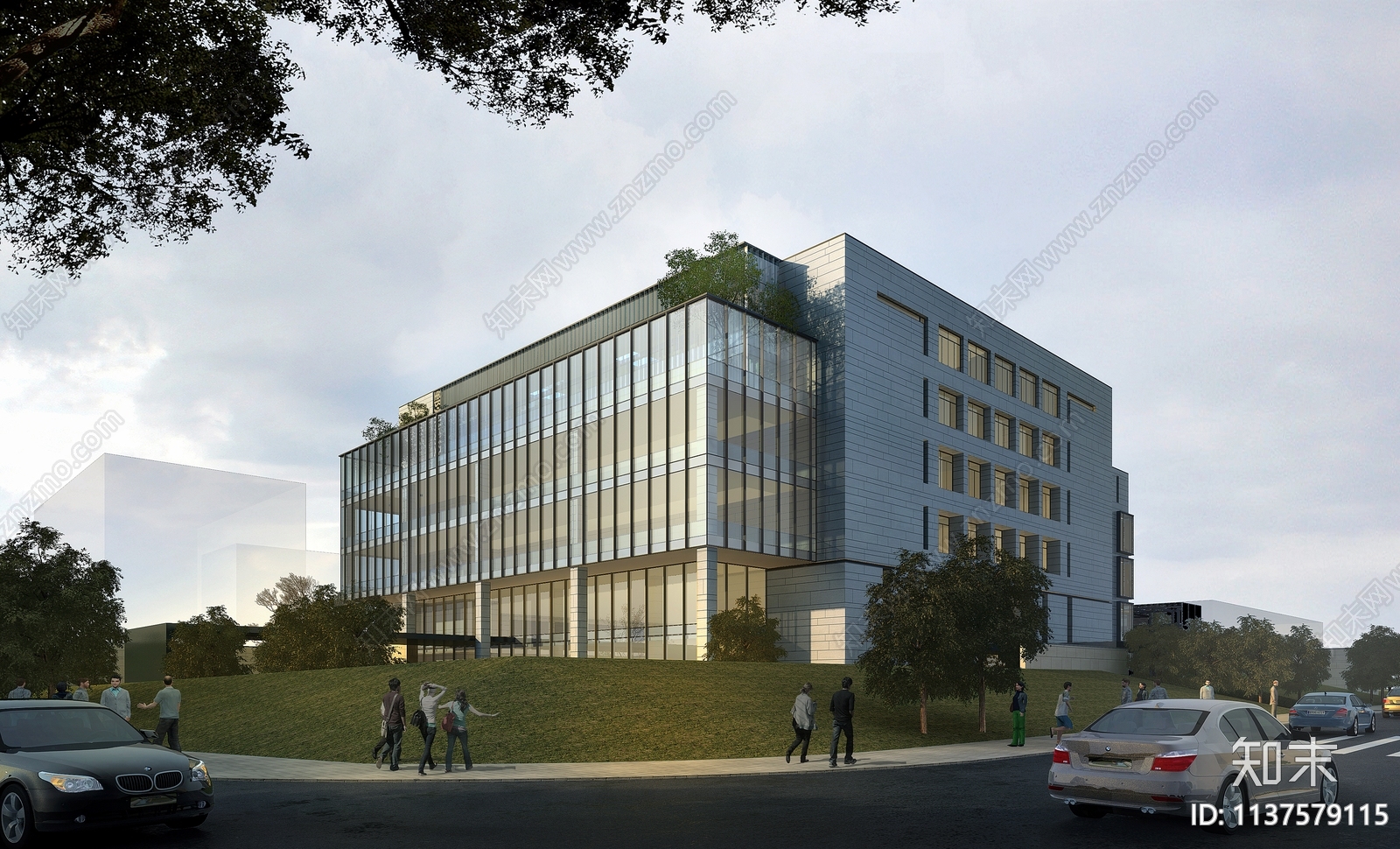 现代多层办公商务大楼建筑效果图施工图下载【ID:1137579115】