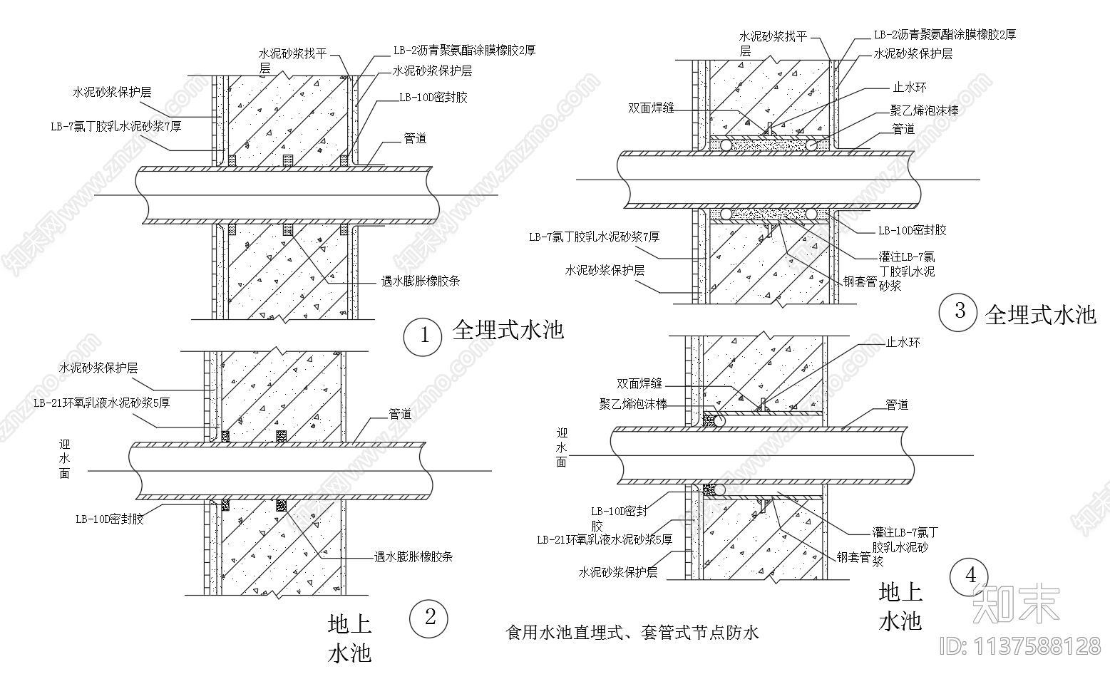 水池直埋式套管式防水节点cad施工图下载【ID:1137588128】