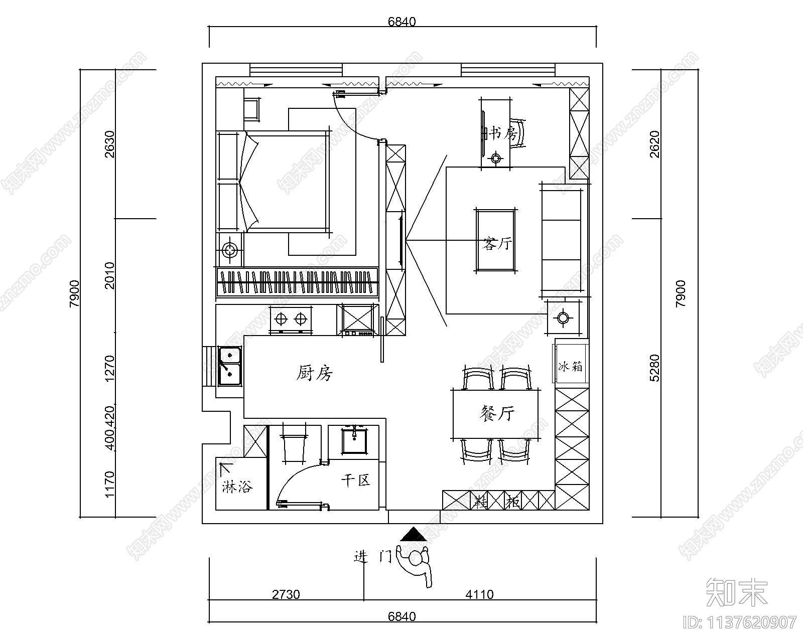 现代简约单身公寓施工图下载【ID:1137620907】