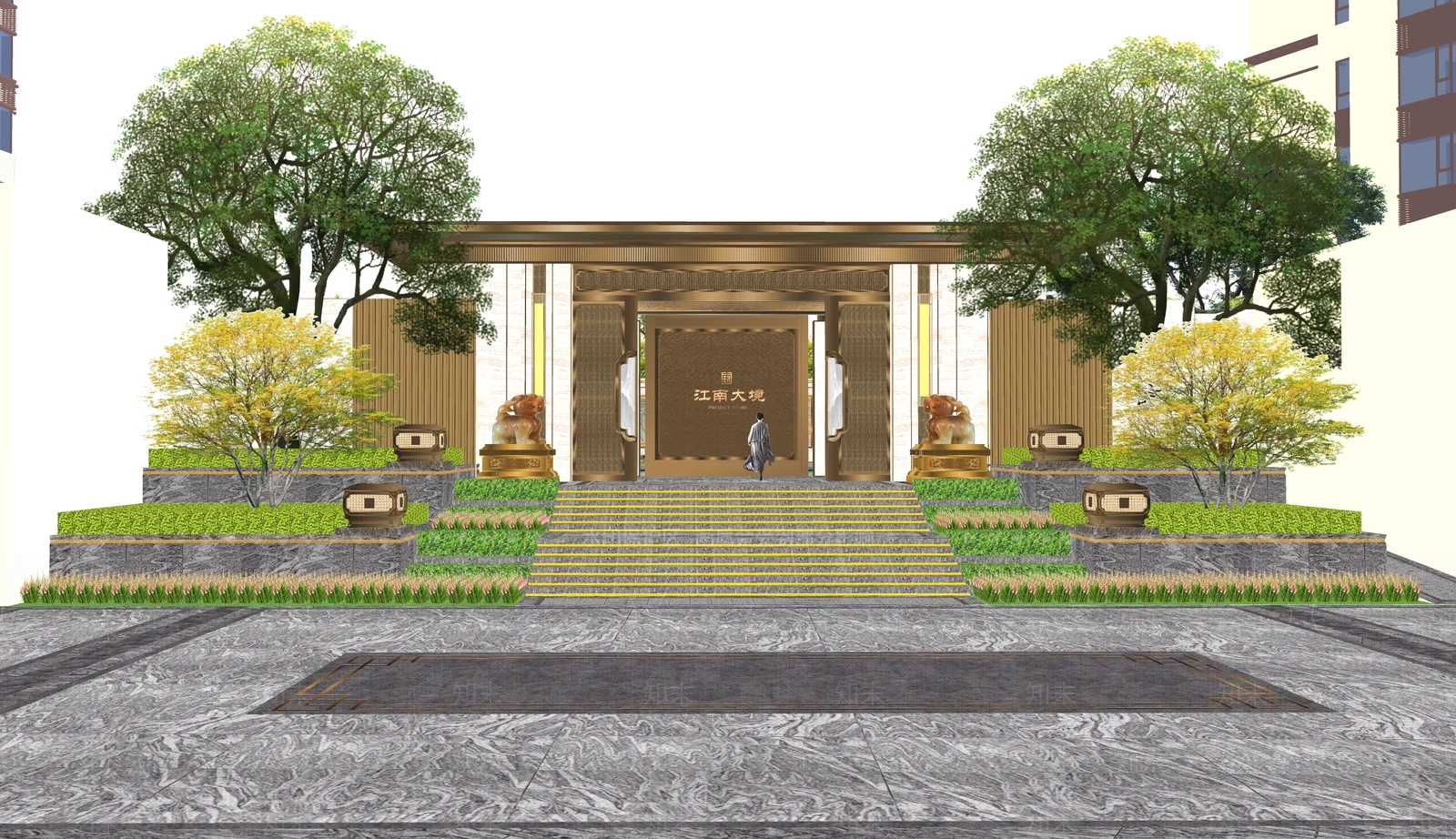 新中式入口大门门头构筑气派SU模型下载【ID:1137620982】