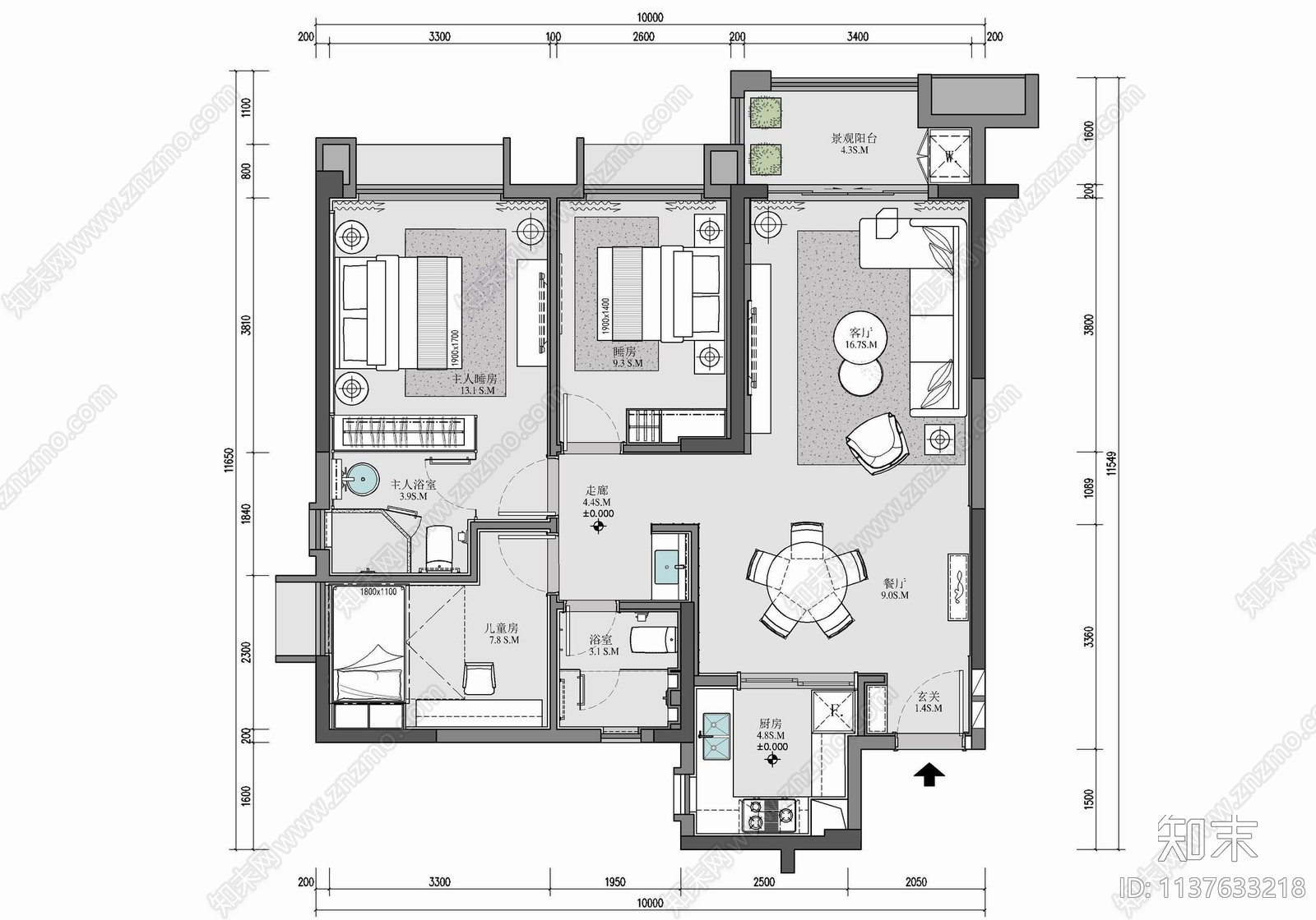 100㎡三居室家装室内施工图下载【ID:1137633218】